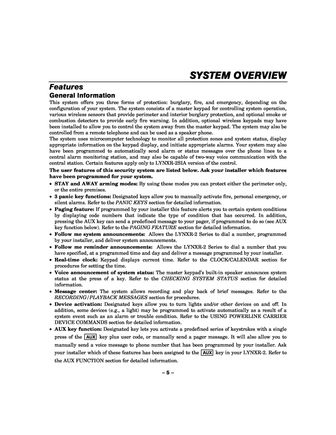 Honeywell LYNXR-2 manual System Overview, Features, General Information, 5 