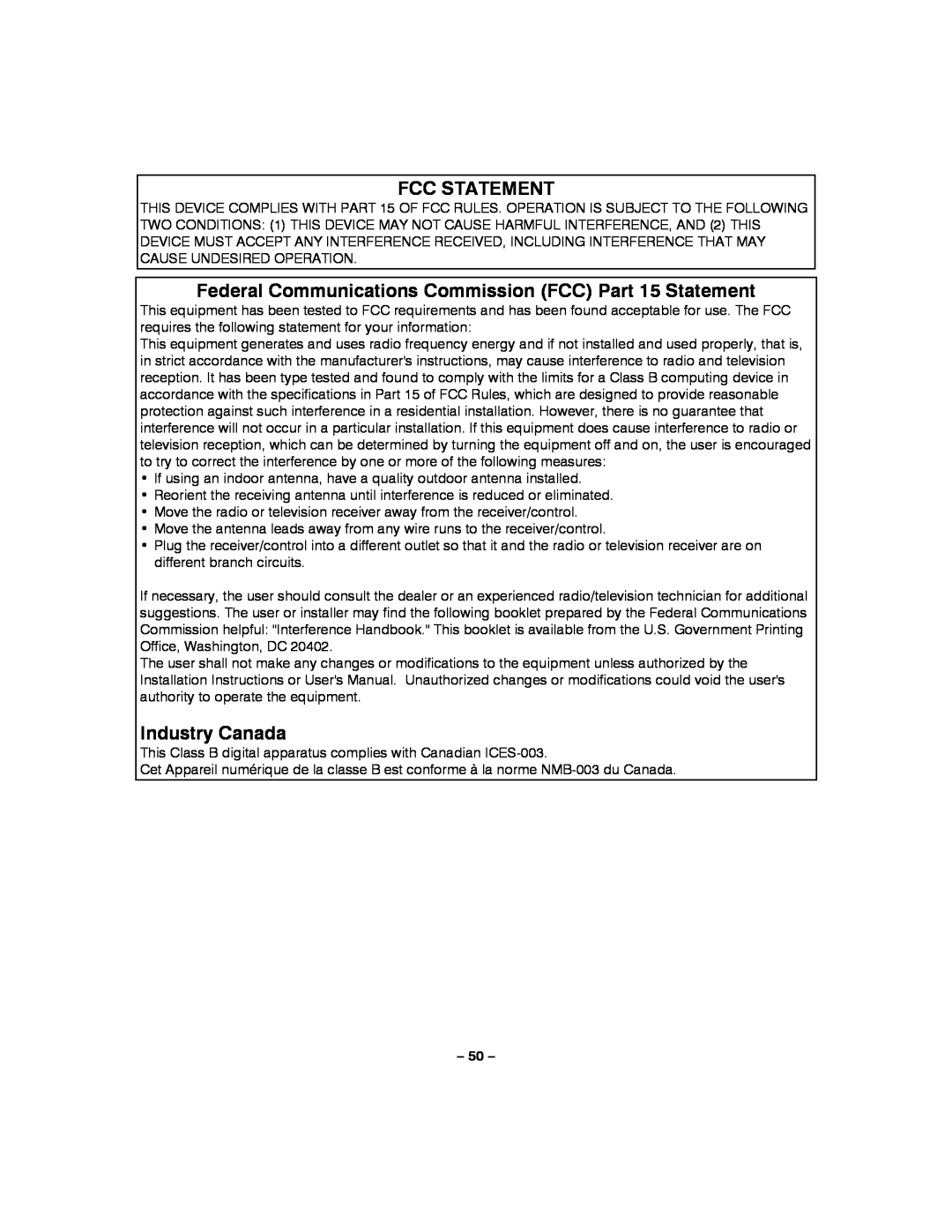 Honeywell LYNXR-2 manual Fcc Statement, Industry Canada 