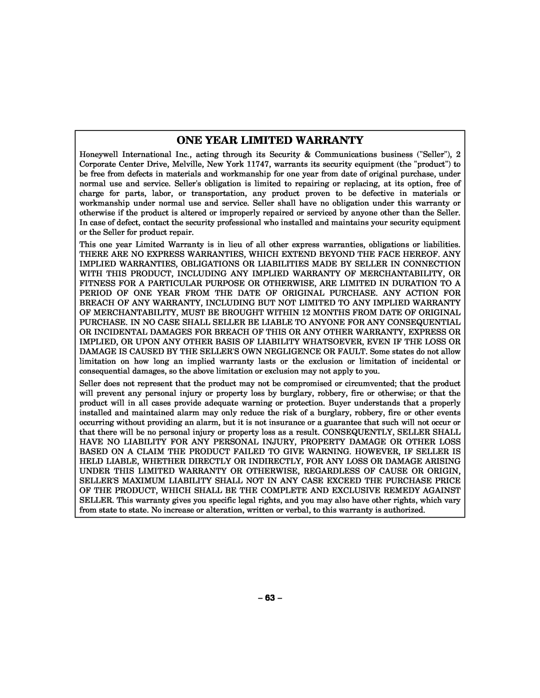 Honeywell LYNXR-2 manual One Year Limited Warranty, 63 
