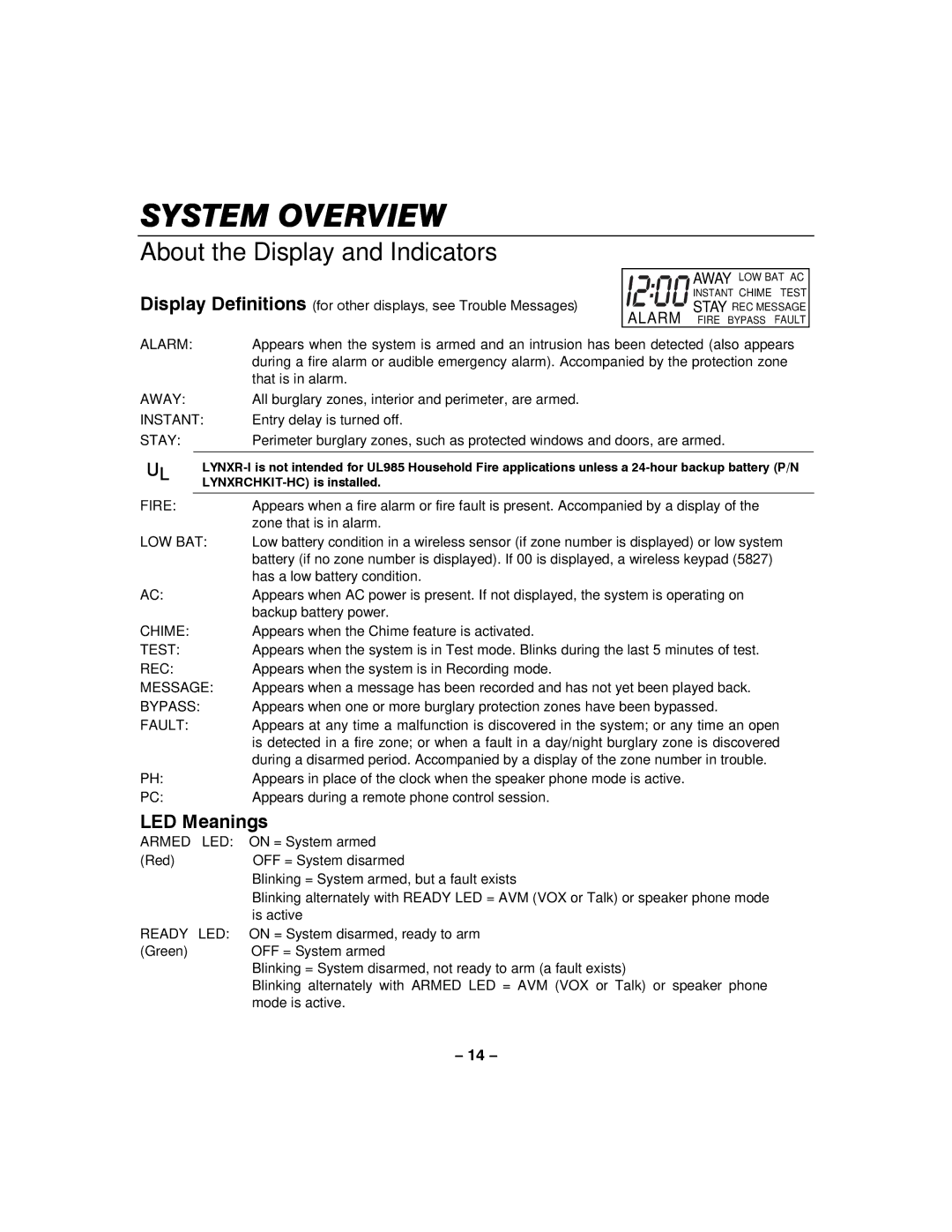 Honeywell LYNXR-I manual About the Display and Indicators, LED Meanings 