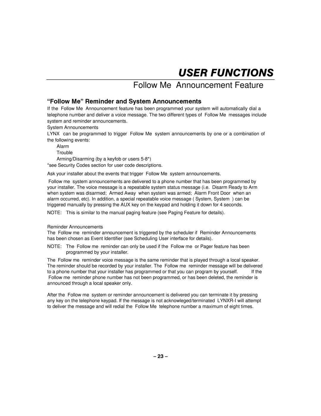 Honeywell LYNXR-I Follow Me Announcement Feature, Follow Me Reminder and System Announcements, Reminder Announcements 