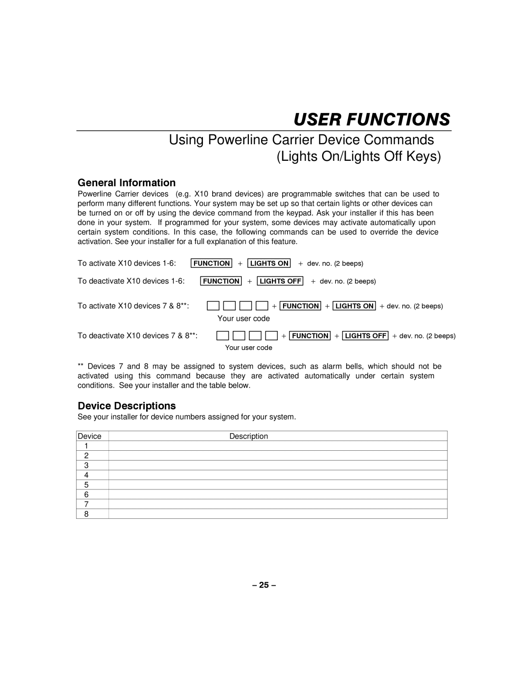 Honeywell LYNXR-I manual Device Descriptions, To deactivate X10 devices 7 