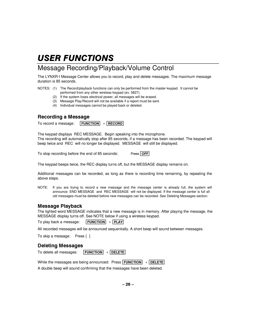 Honeywell LYNXR-I Message Recording/Playback/Volume Control, Recording a Message, Message Playback, Deleting Messages 