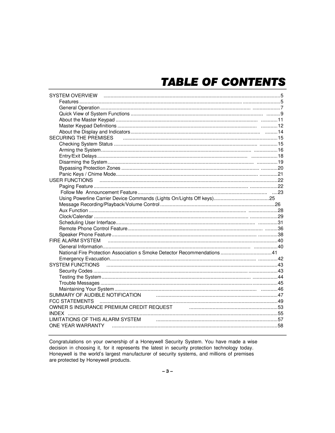 Honeywell LYNXR-I manual Table of Contents 