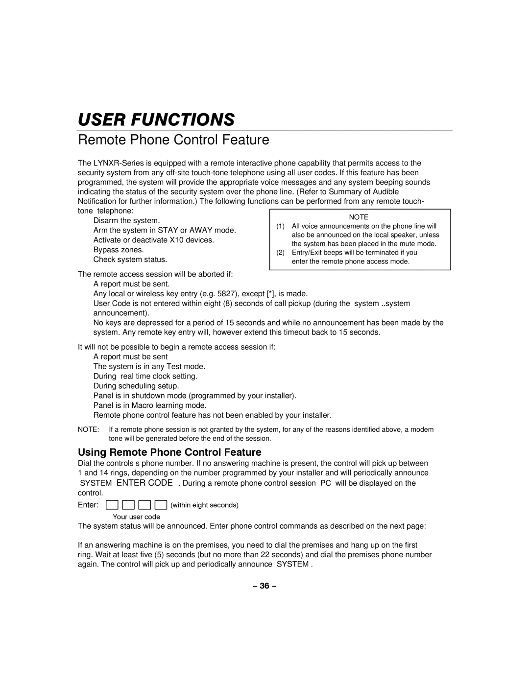 Honeywell LYNXR-I manual Using Remote Phone Control Feature, Enter 