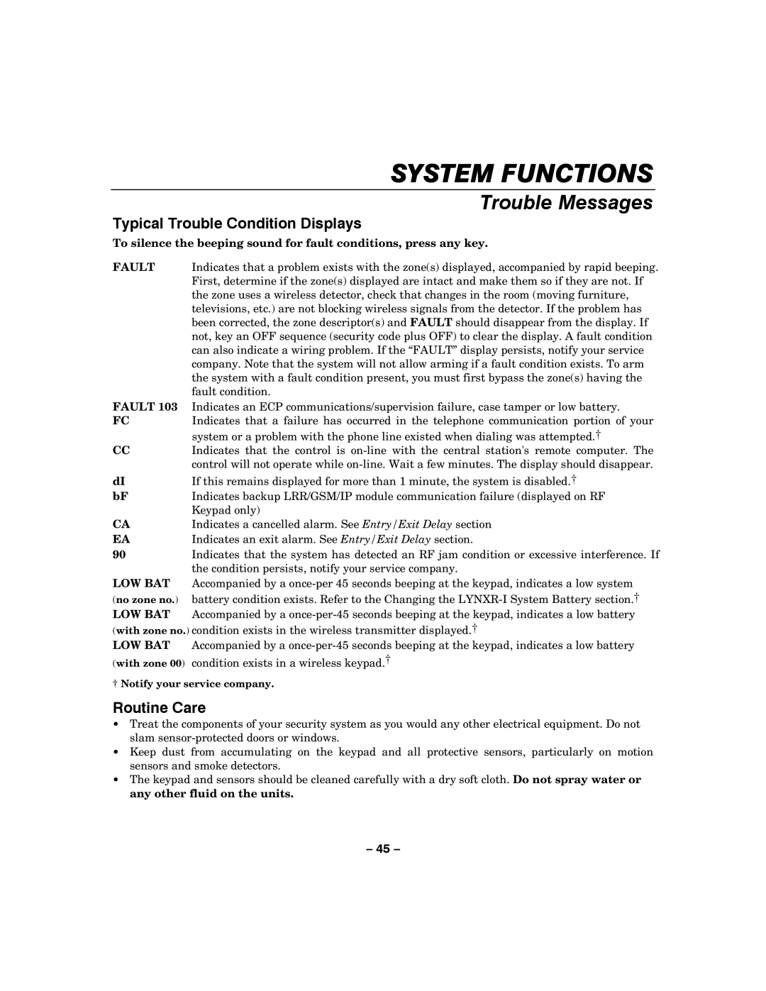 Honeywell LYNXR-I manual Trouble Messages, Typical Trouble Condition Displays, Routine Care 