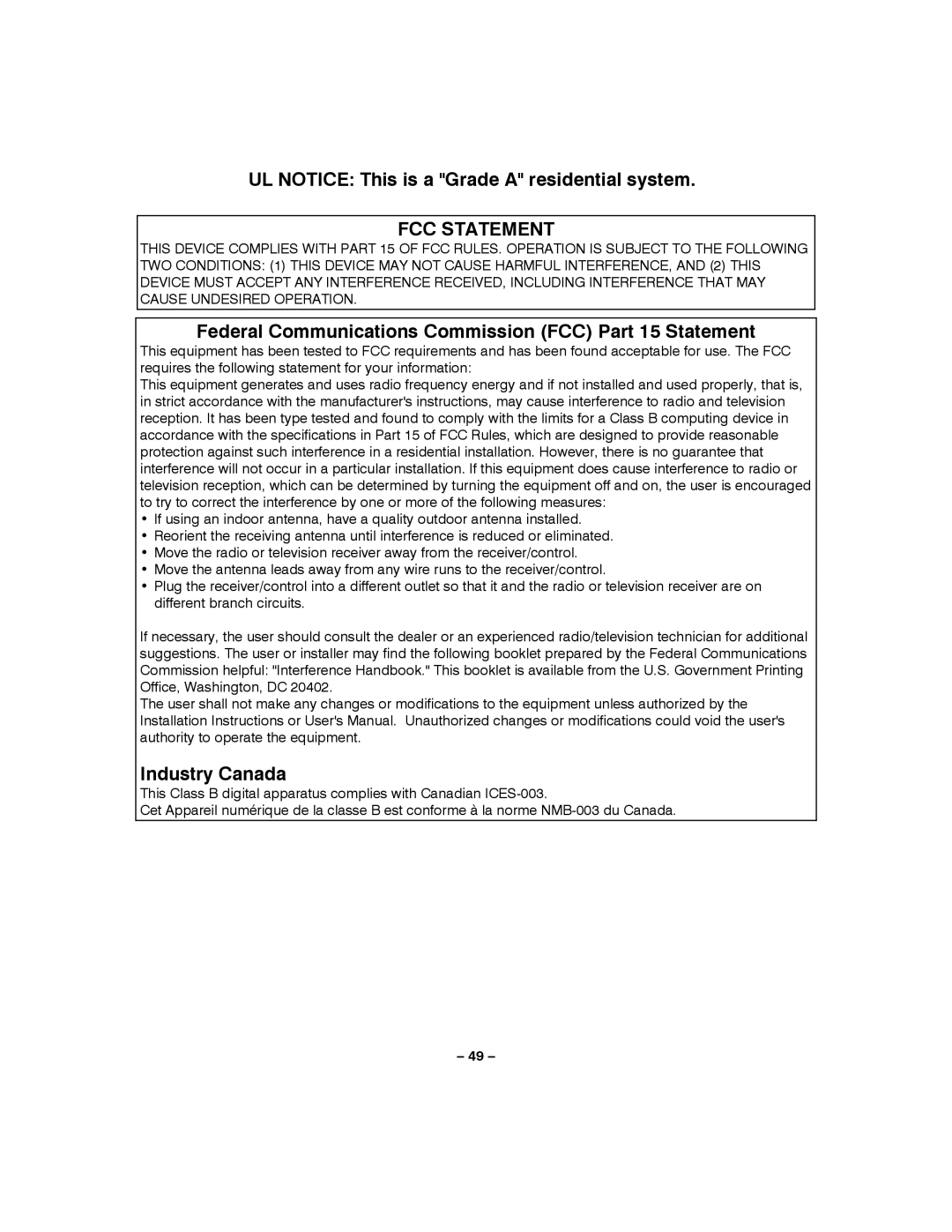 Honeywell LYNXR-I UL Notice This is a Grade a residential system, Federal Communications Commission FCC Part 15 Statement 