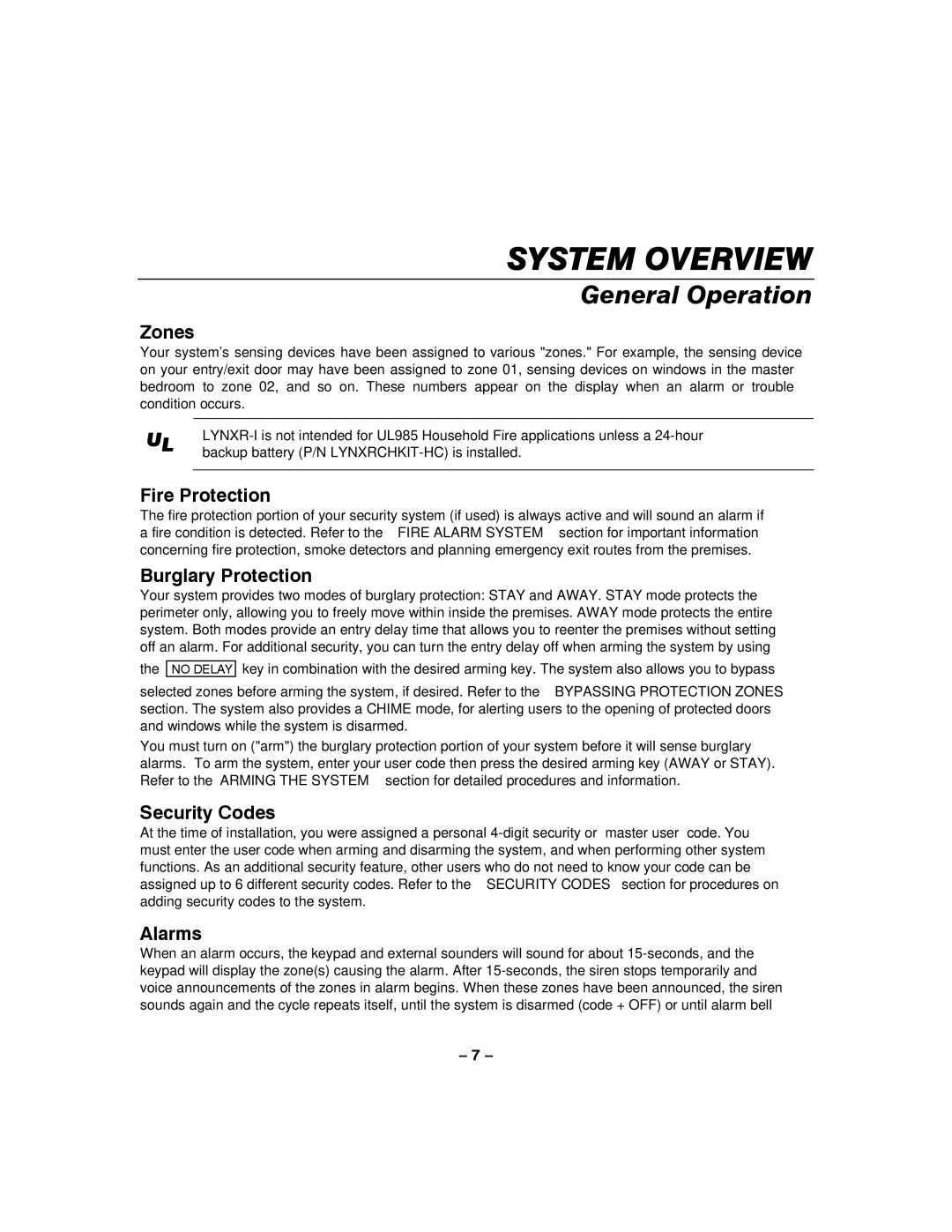 Honeywell LYNXR-I manual Zones, Fire Protection, Burglary Protection, Security Codes, Alarms 