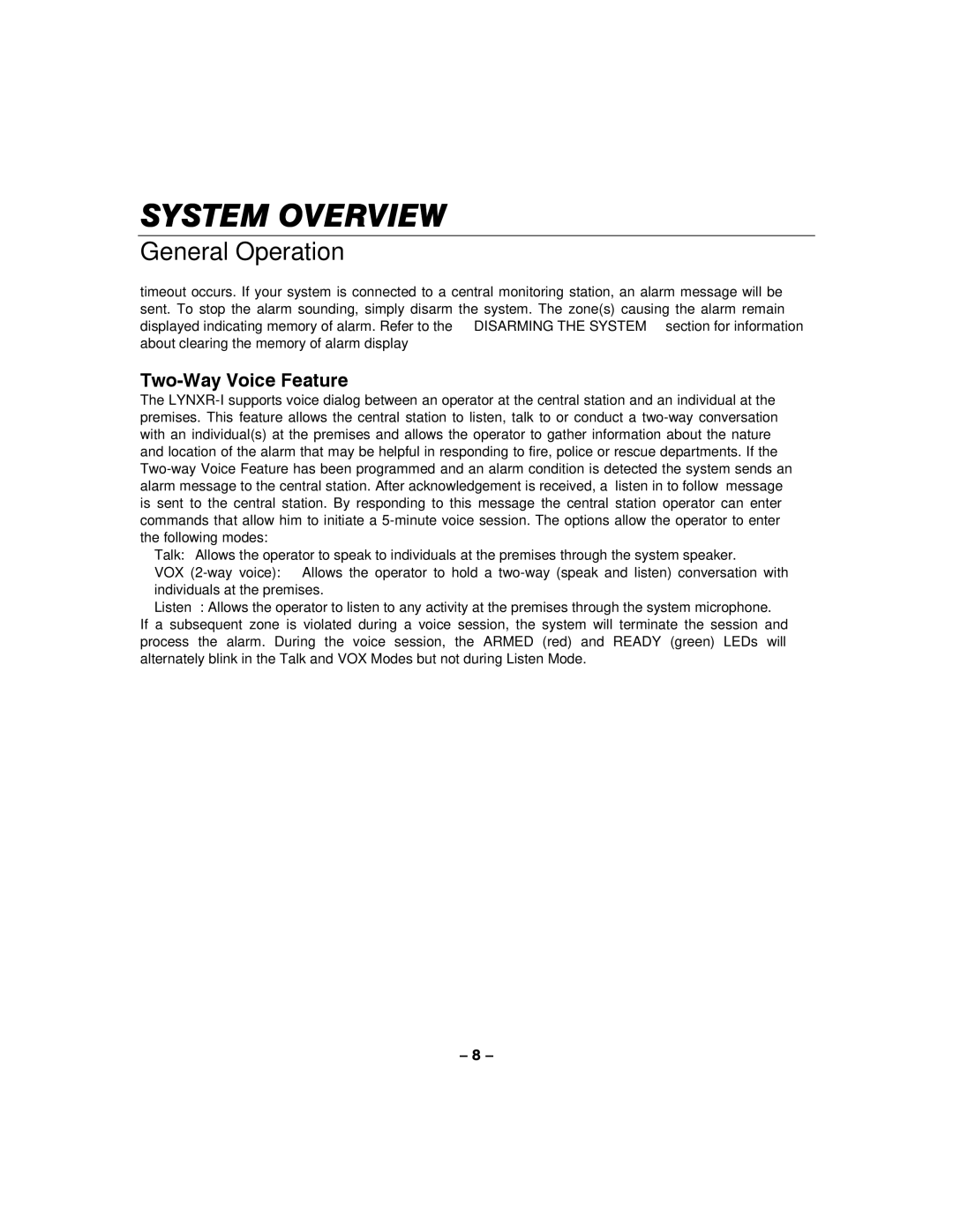 Honeywell LYNXR-I manual General Operation, Two-Way Voice Feature 