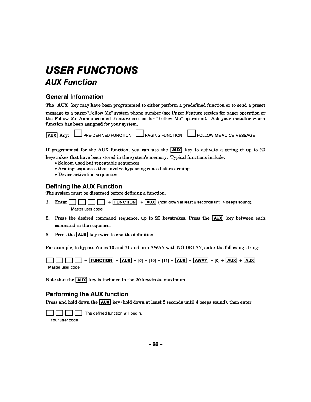 Honeywell LYNXR-I manual Defining the AUX Function, Performing the AUX function, User Functions, General Information 
