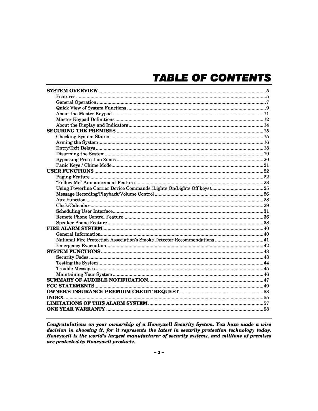 Honeywell LYNXR-I manual Table Of Contents 