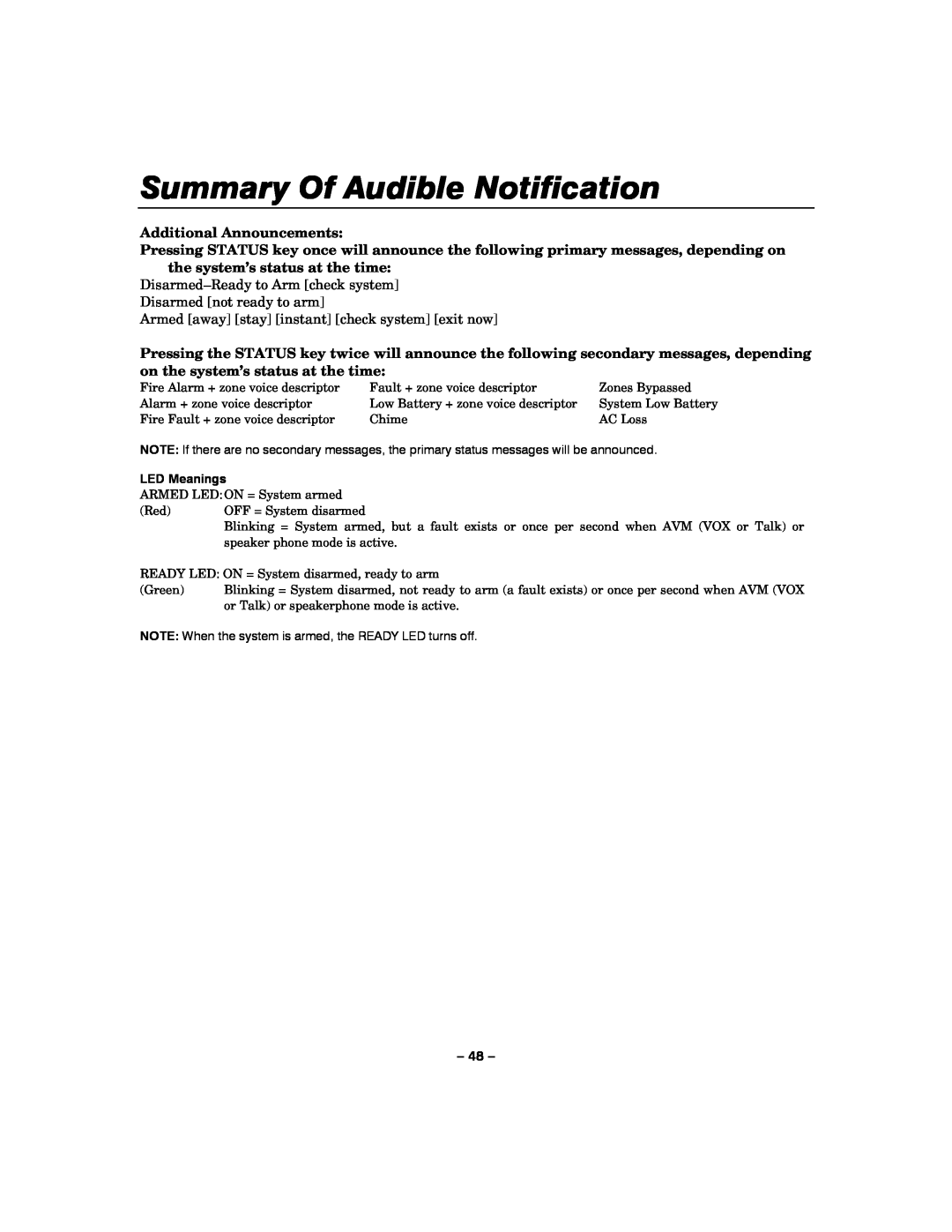 Honeywell LYNXR-I manual Additional Announcements, Summary Of Audible Notification 