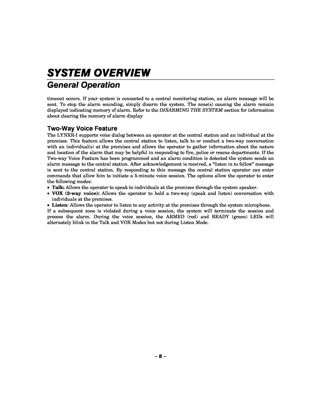 Honeywell LYNXR-I manual General Operation, Two-WayVoice Feature, System Overview 