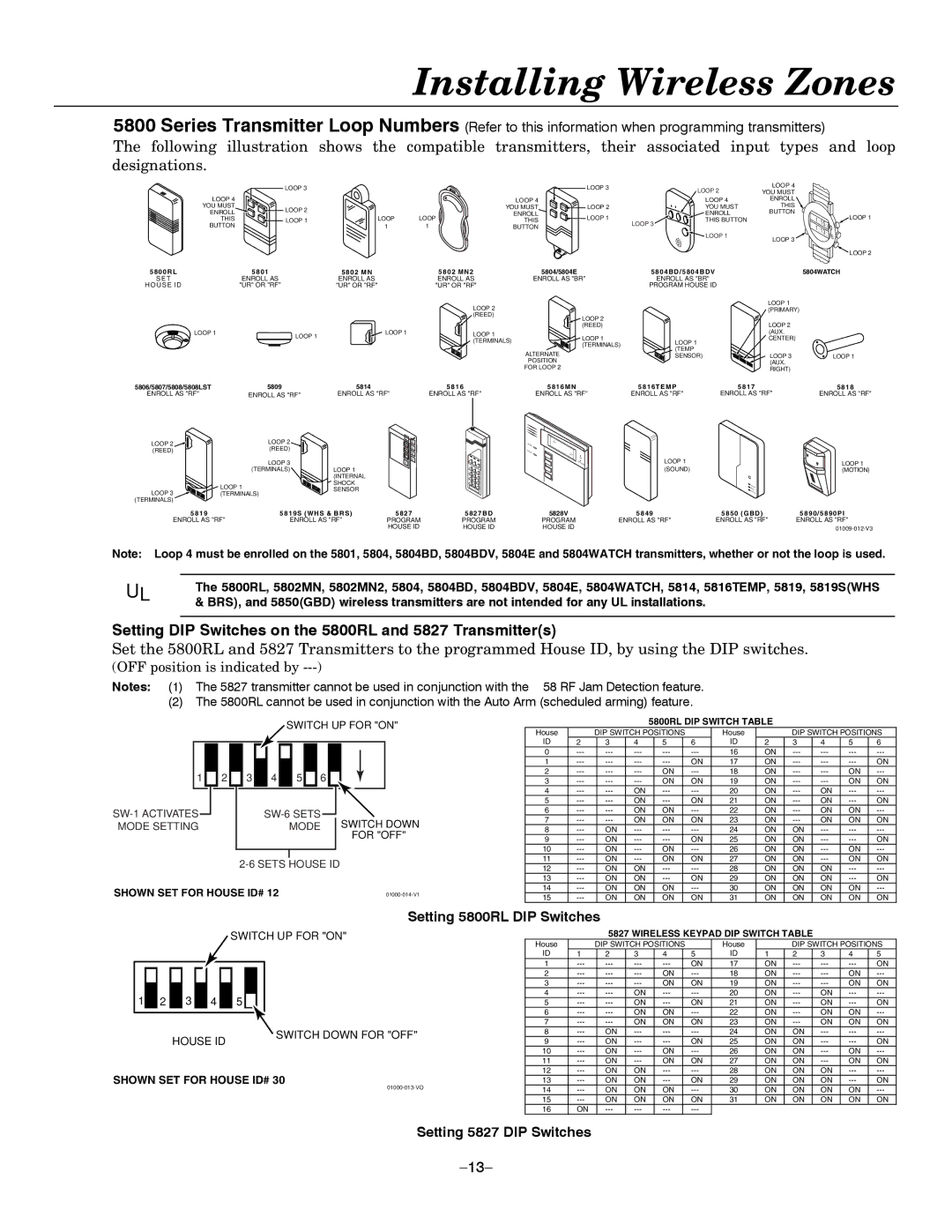 Honeywell LYNXR-EN, LYNXR Series setup guide Setting DIP Switches on the 5800RL and 5827 Transmitters 