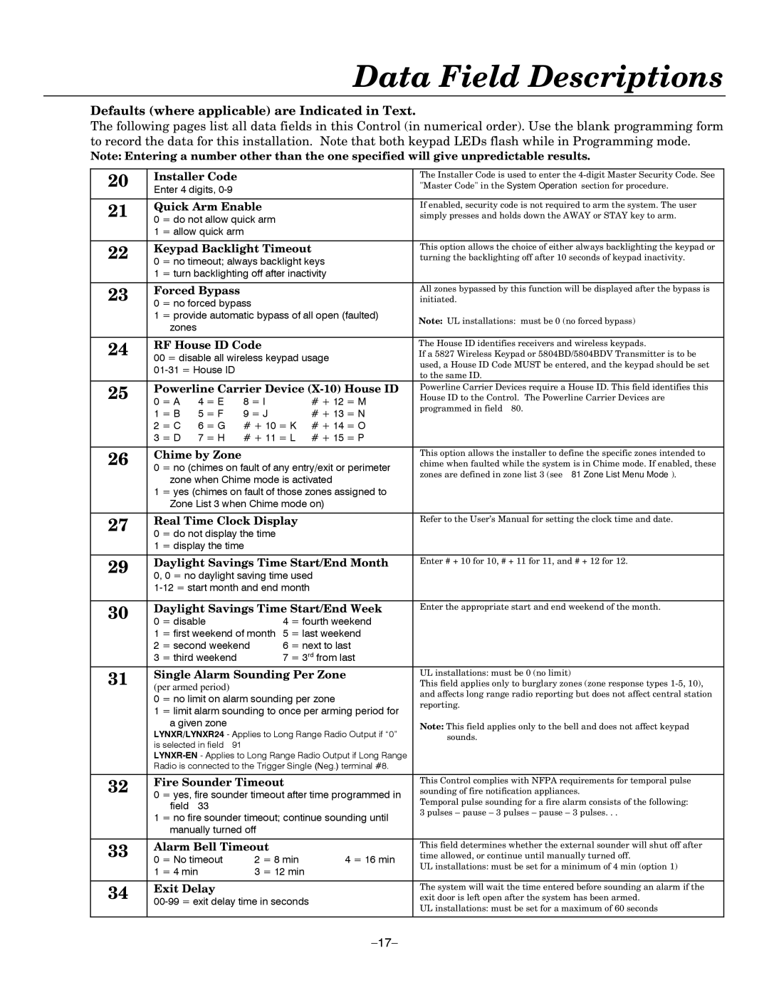 Honeywell LYNXR-EN, LYNXR Series setup guide Data Field Descriptions, Defaults where applicable are Indicated in Text 