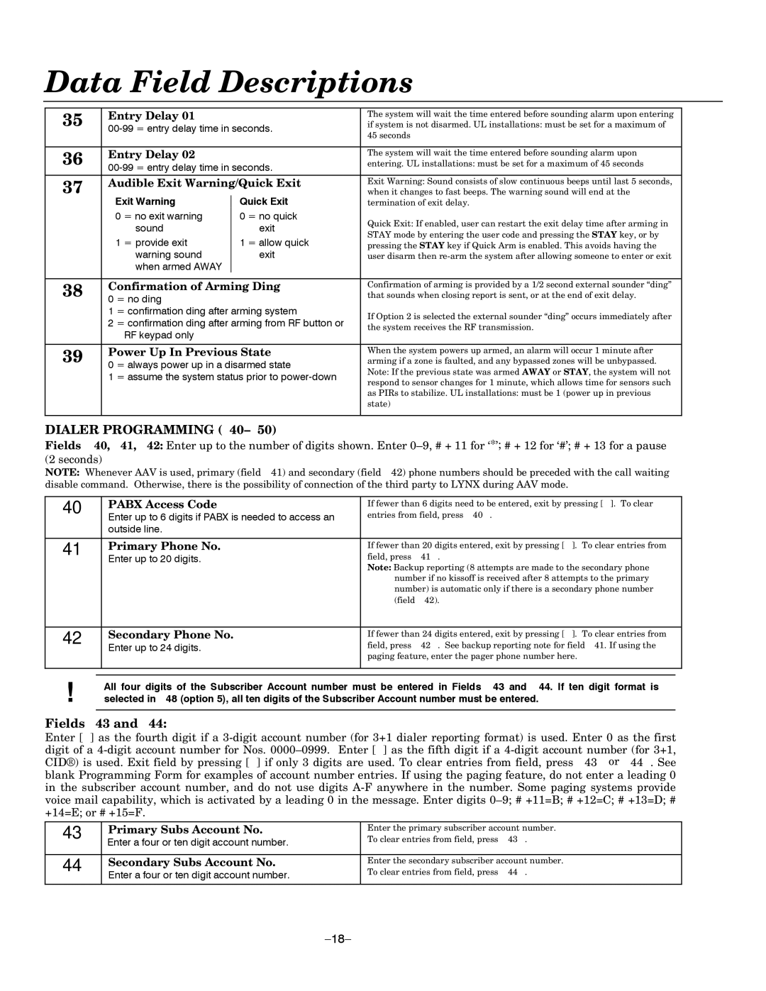 Honeywell LYNXR Series, LYNXR-EN setup guide Dialer Programming, Fields 43 