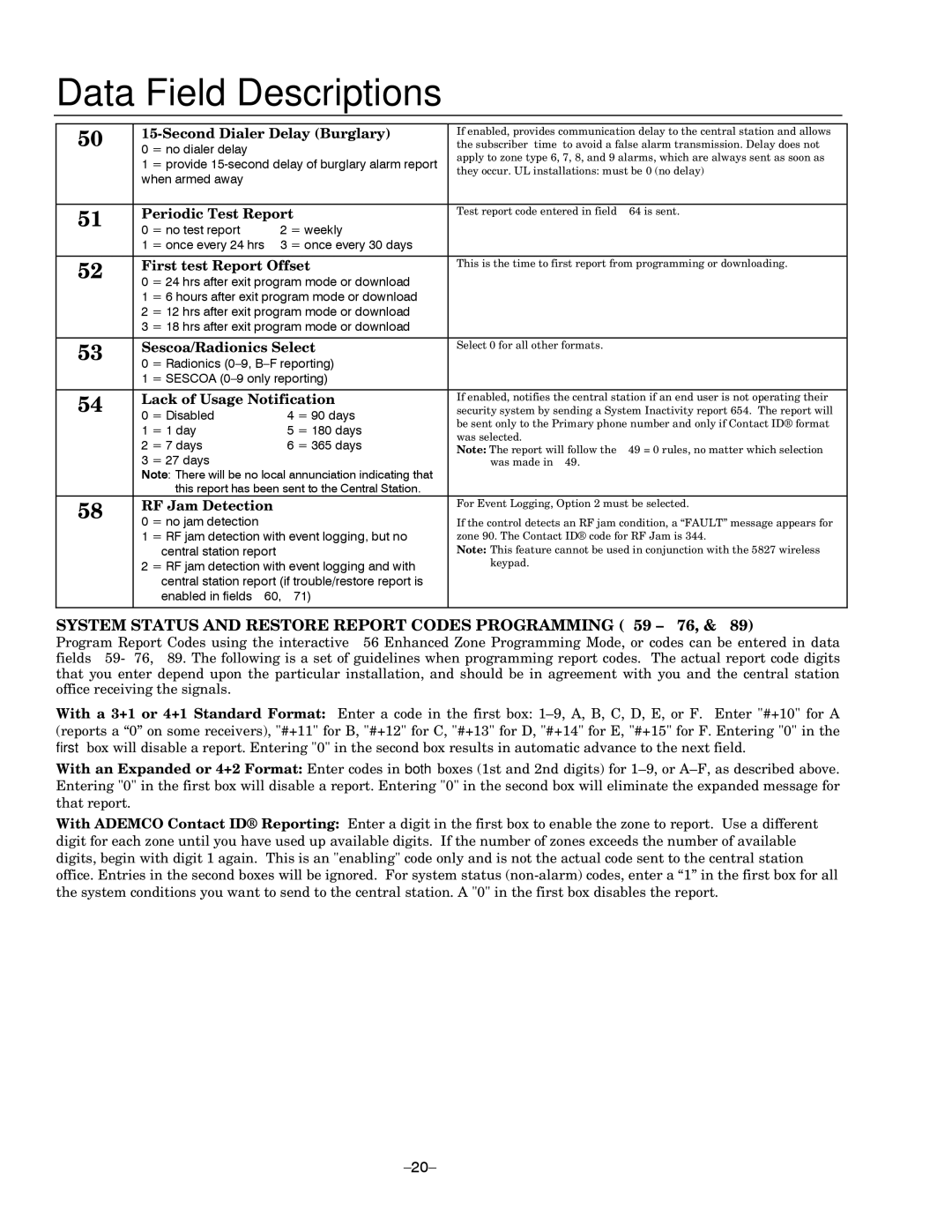 Honeywell LYNXR Series, LYNXR-EN setup guide System Status and Restore Report Codes Programming 59 76 