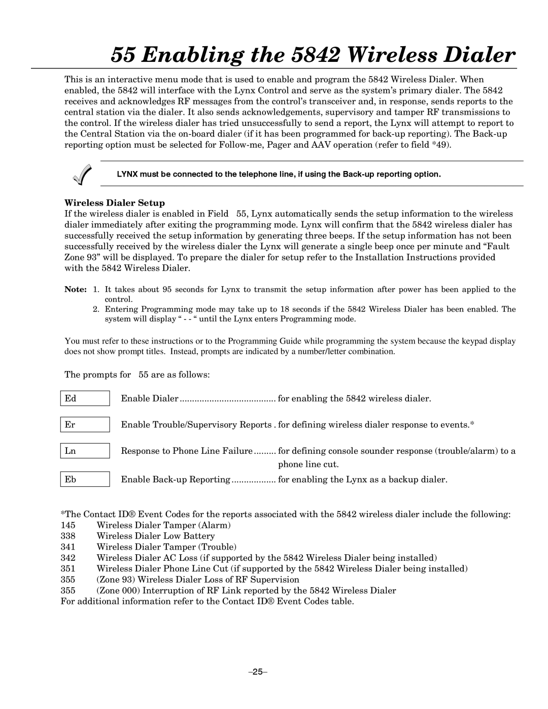 Honeywell LYNXR-EN, LYNXR Series setup guide Enabling the 5842 Wireless Dialer, Wireless Dialer Setup 