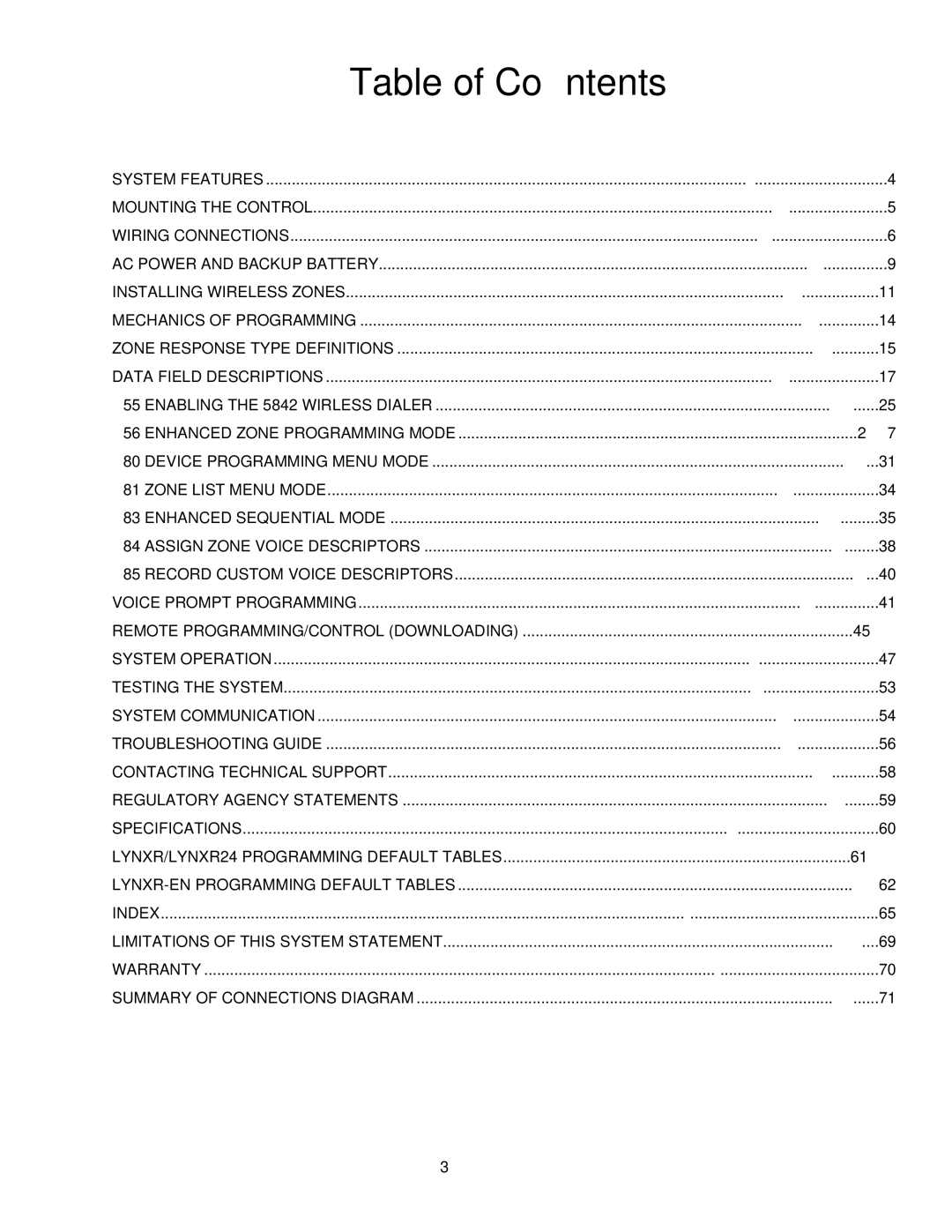 Honeywell LYNXR-EN, LYNXR Series setup guide Table of Contents 