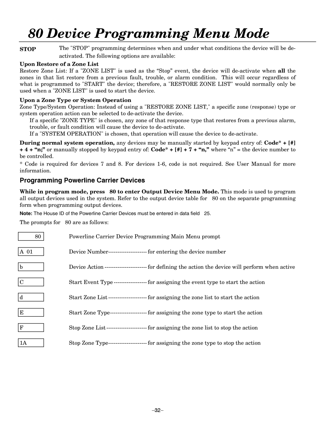 Honeywell LYNXR Series, LYNXR-EN setup guide Programming Powerline Carrier Devices, Stop, Upon Restore of a Zone List 