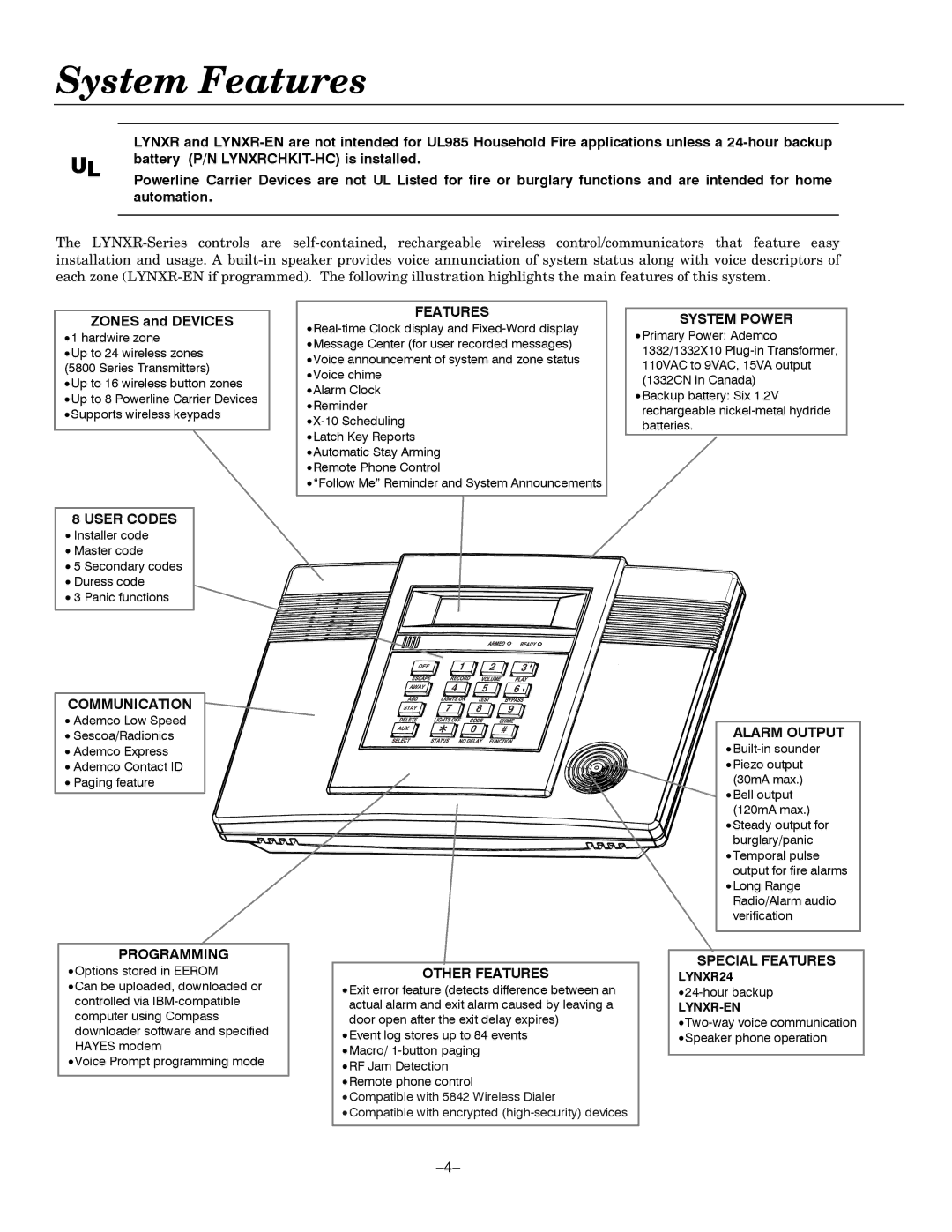 Honeywell LYNXR Series System Features, Hardwire zone, Hour backup, Two-way voice communication Speaker phone operation 