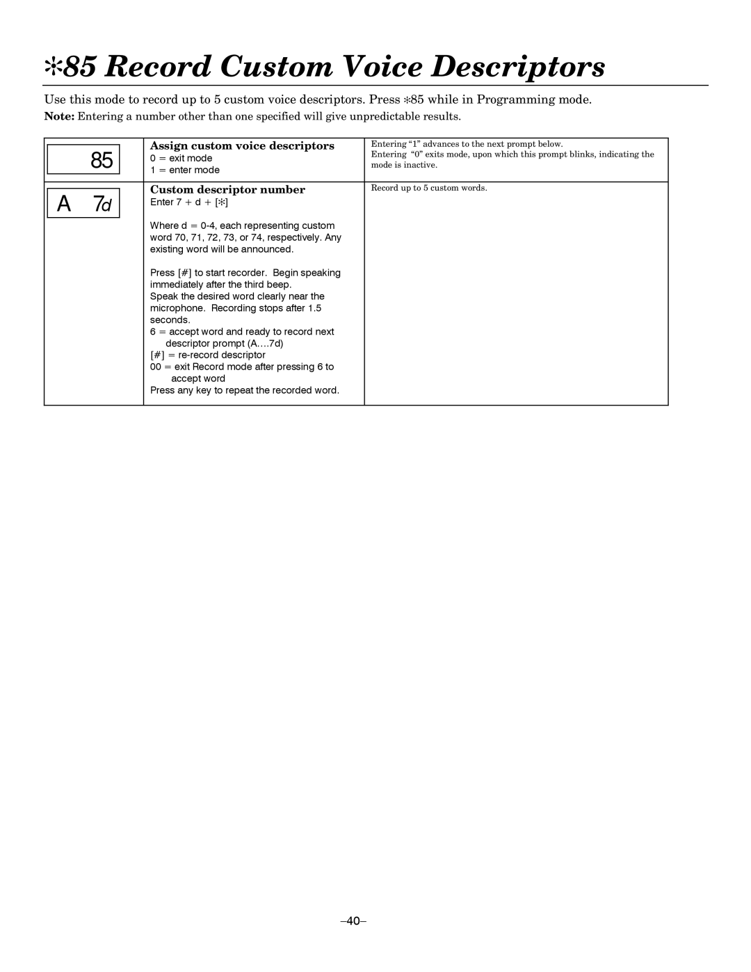 Honeywell LYNXR Series Record Custom Voice Descriptors, Assign custom voice descriptors, Custom descriptor number 