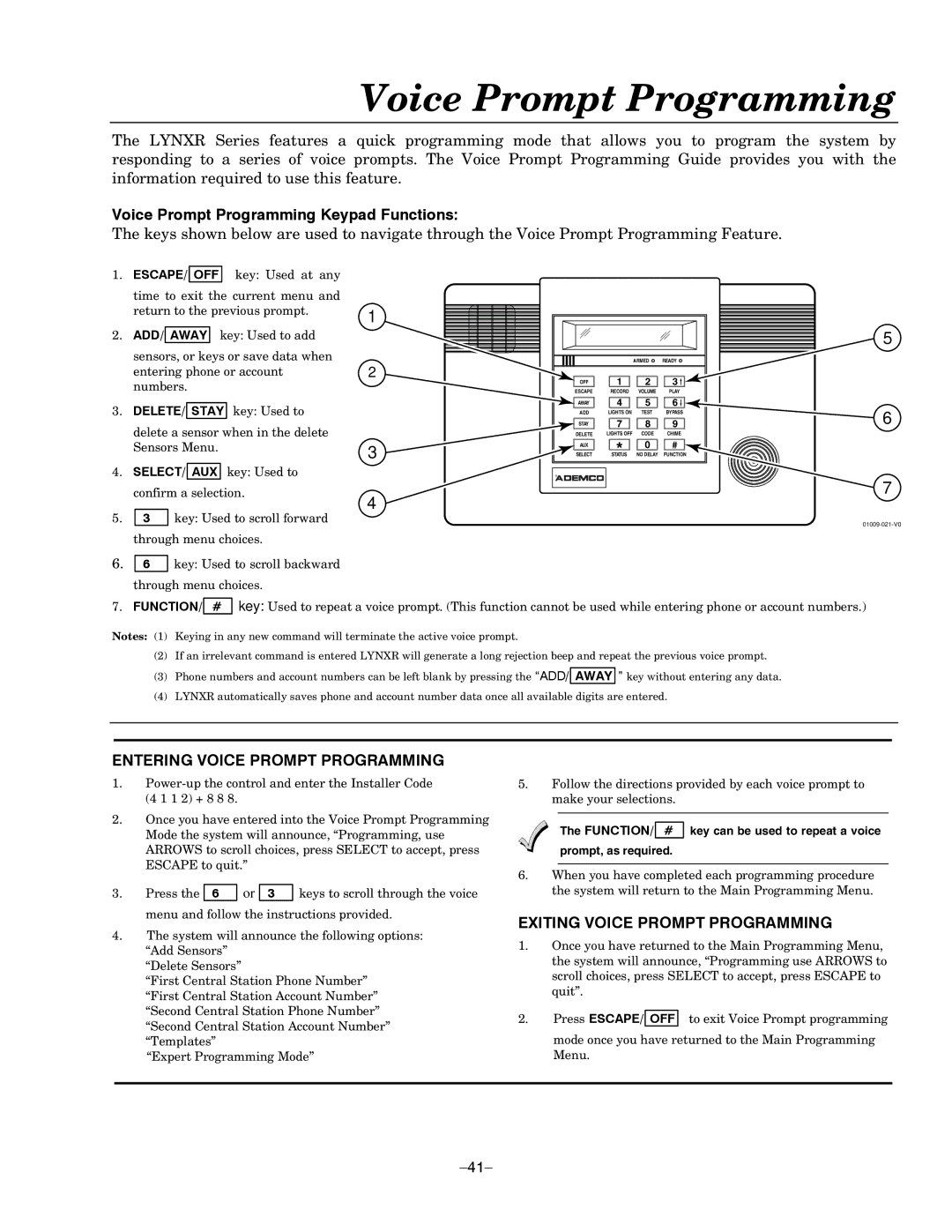 Honeywell LYNXR-EN, LYNXR Series setup guide Voice Prompt Programming Keypad Functions 