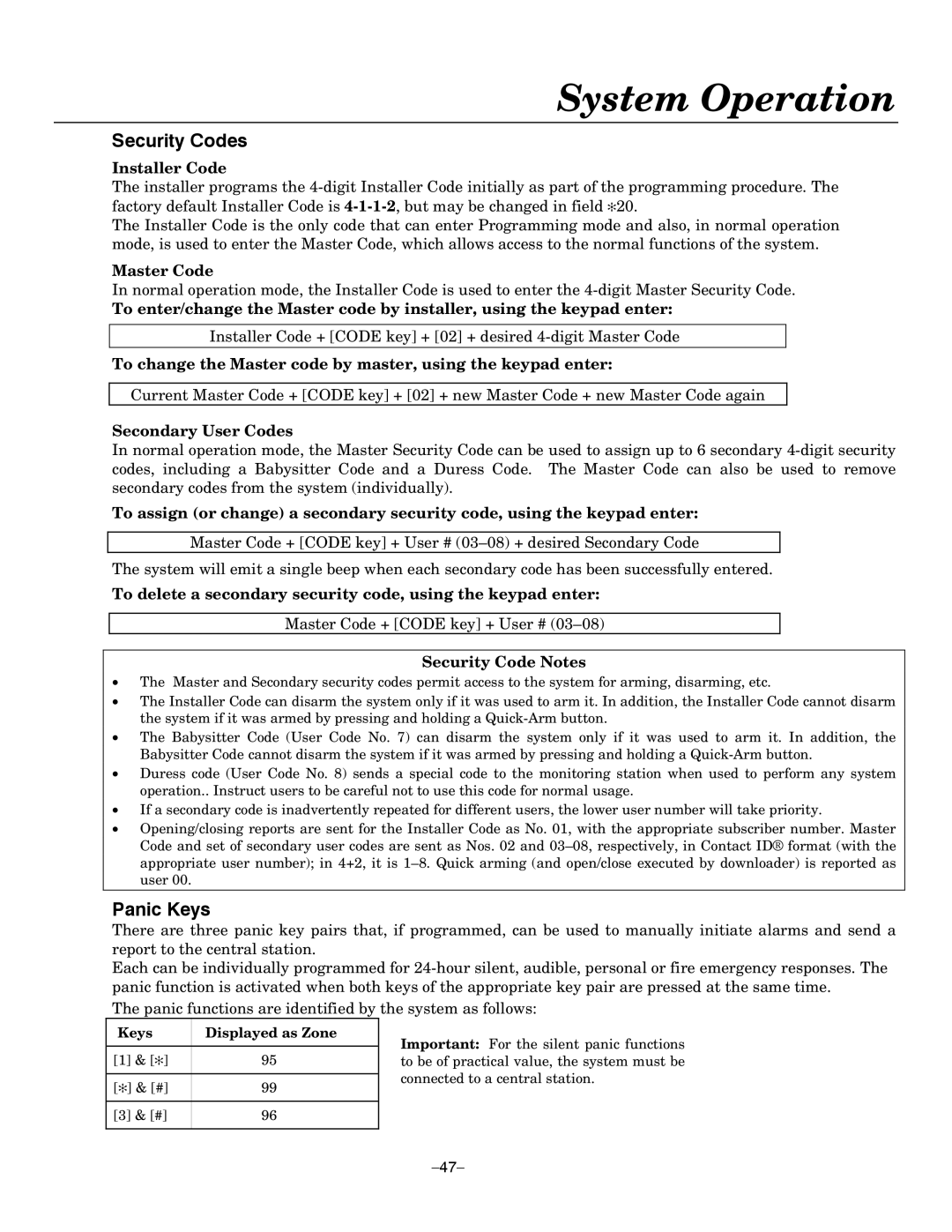 Honeywell LYNXR-EN, LYNXR Series setup guide System Operation, Security Codes, Panic Keys 