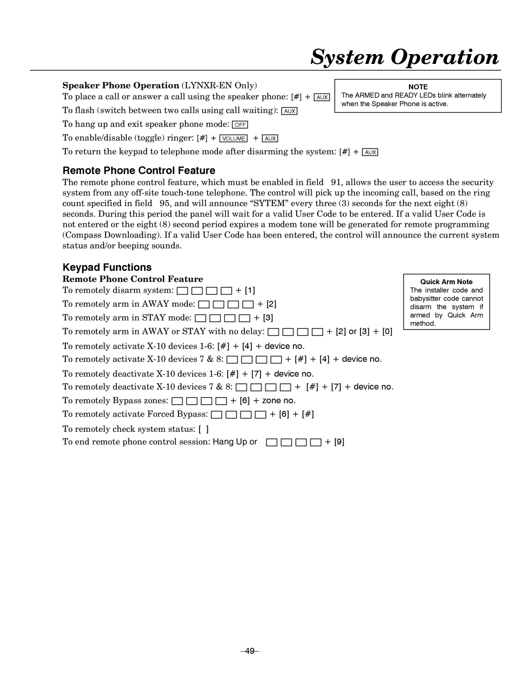 Honeywell LYNXR Series setup guide Remote Phone Control Feature, Speaker Phone Operation LYNXR-EN Only 