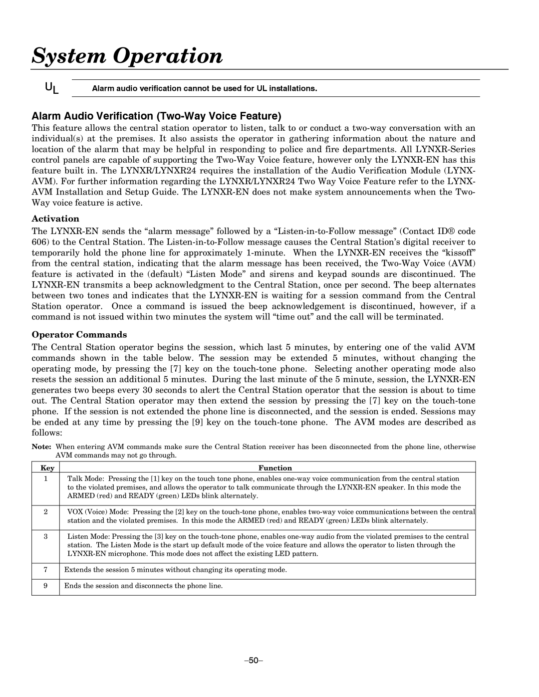 Honeywell LYNXR Series, LYNXR-EN setup guide Alarm Audio Verification Two-Way Voice Feature, Activation, Operator Commands 