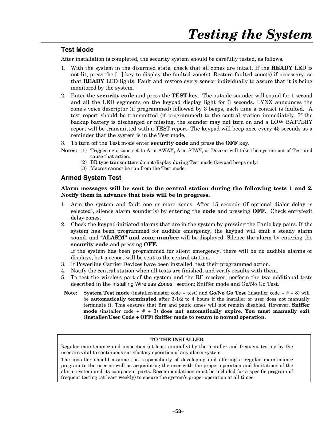 Honeywell LYNXR-EN, LYNXR Series setup guide Testing the System, Test Mode, Armed System Test 