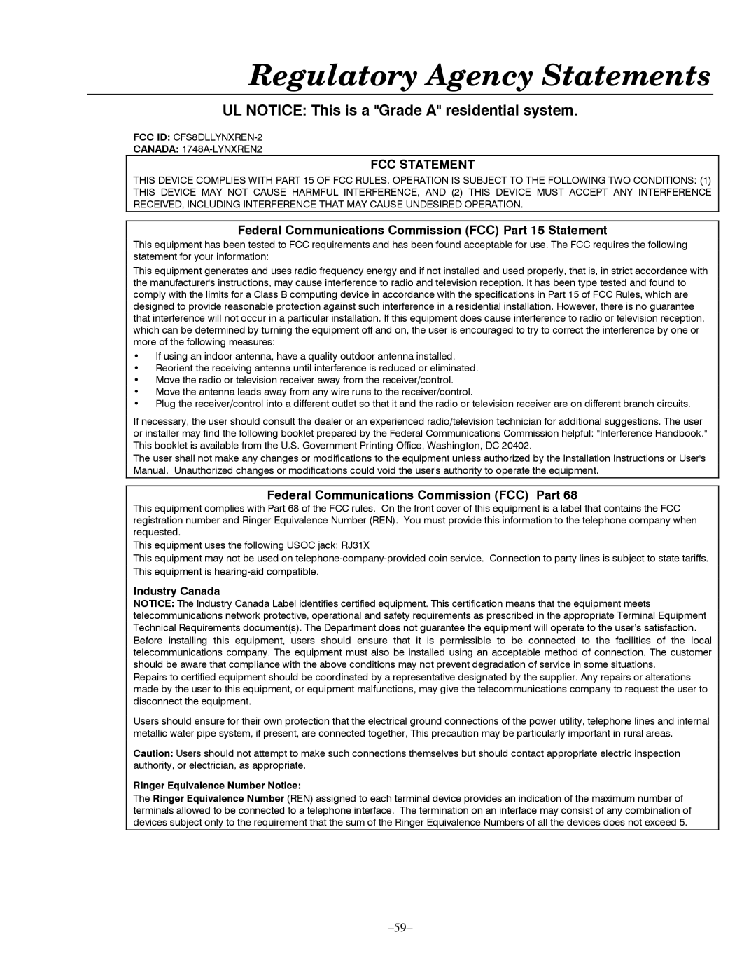 Honeywell LYNXR-EN, LYNXR Series setup guide Regulatory Agency Statements, UL Notice This is a Grade a residential system 