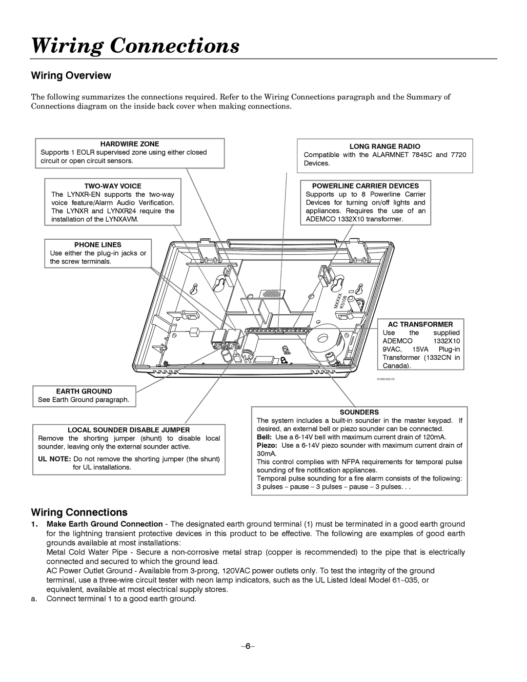 Honeywell LYNXR Series, LYNXR-EN setup guide Wiring Connections, Wiring Overview 