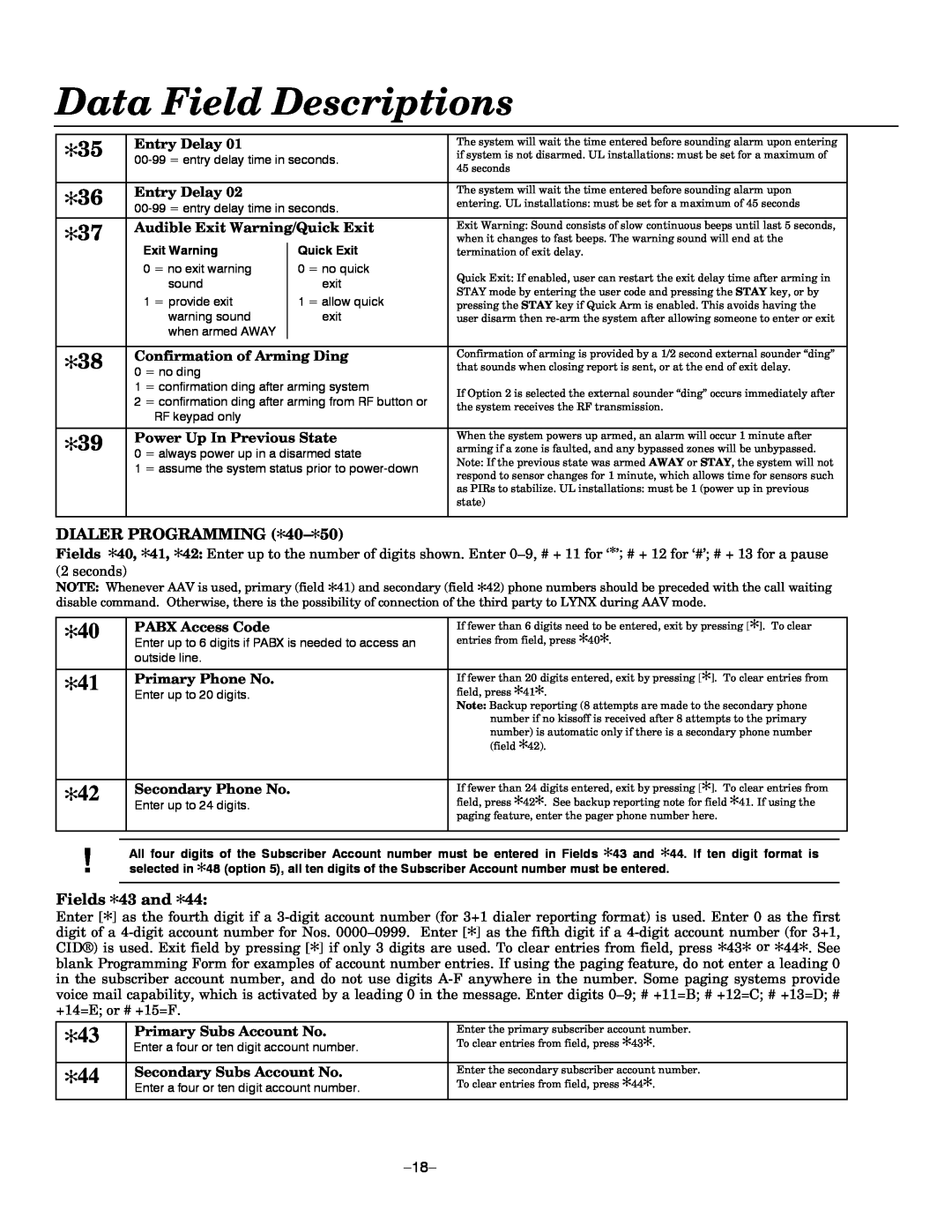 Honeywell LYNXR Series, LYNXR-EN setup guide Dialer Programming, Fields 43 and, Data Field Descriptions 