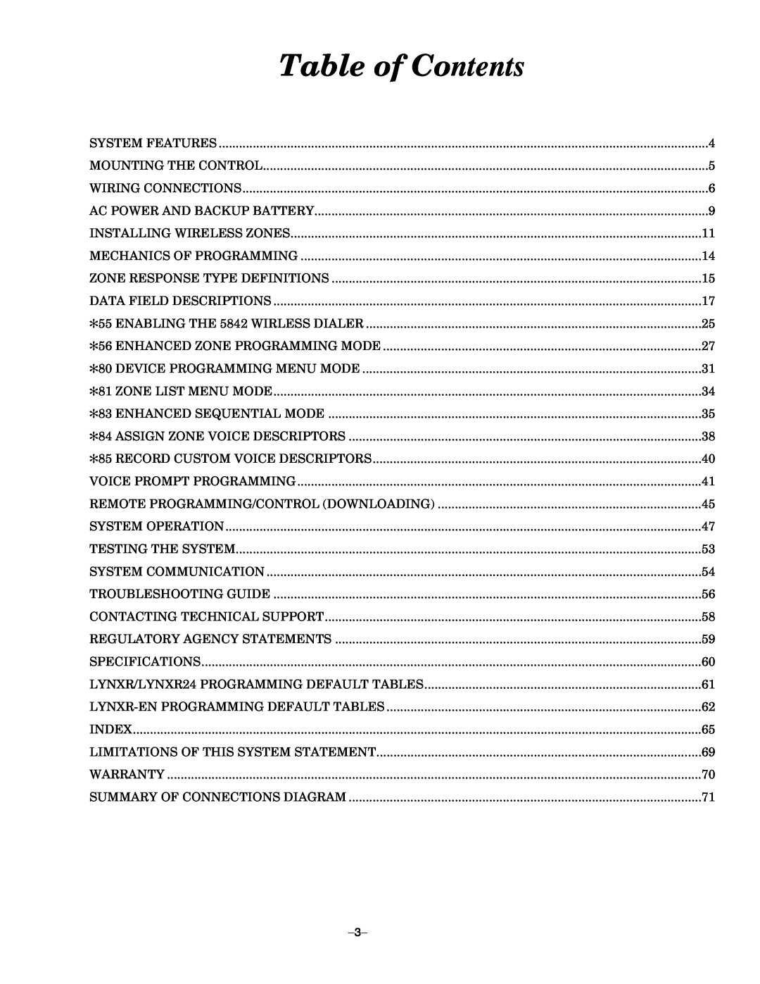 Honeywell LYNXR-EN, LYNXR Series setup guide Table of Contents 