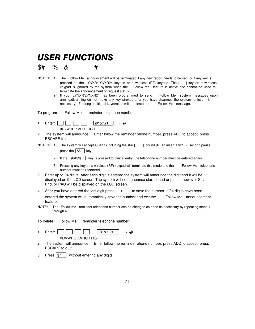 Honeywell LYNXR24 manual To program Follow Me reminder telephone number, To delete Follow Me reminder telephone number 