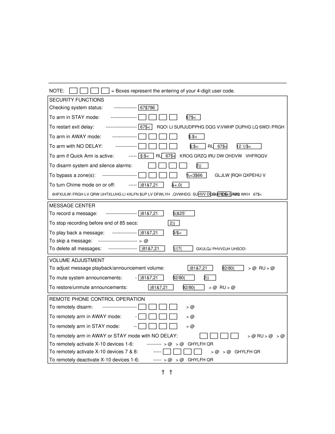 Honeywell LYNXR24 To restart exit delay, = Boxes represent the entering of your 4-digit user code, To arm in Away mode 