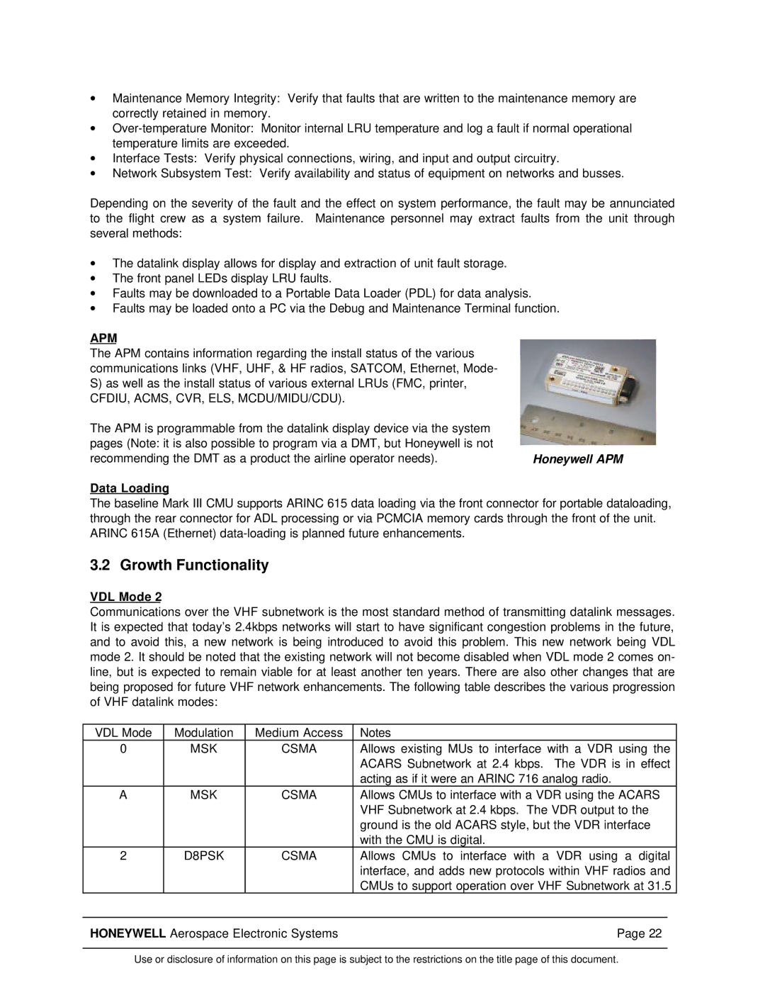 Honeywell Mark III manual Growth Functionality, Apm, Data Loading, VDL Mode 