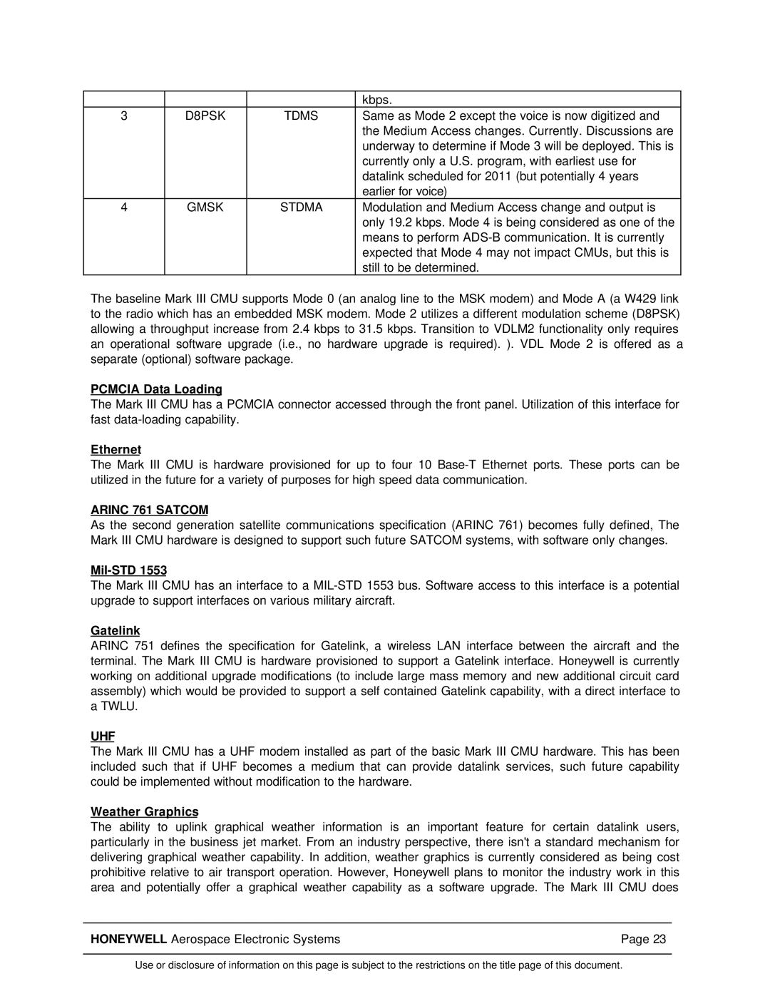 Honeywell Mark III manual Pcmcia Data Loading, Arinc 761 Satcom, Mil-STD, Weather Graphics 