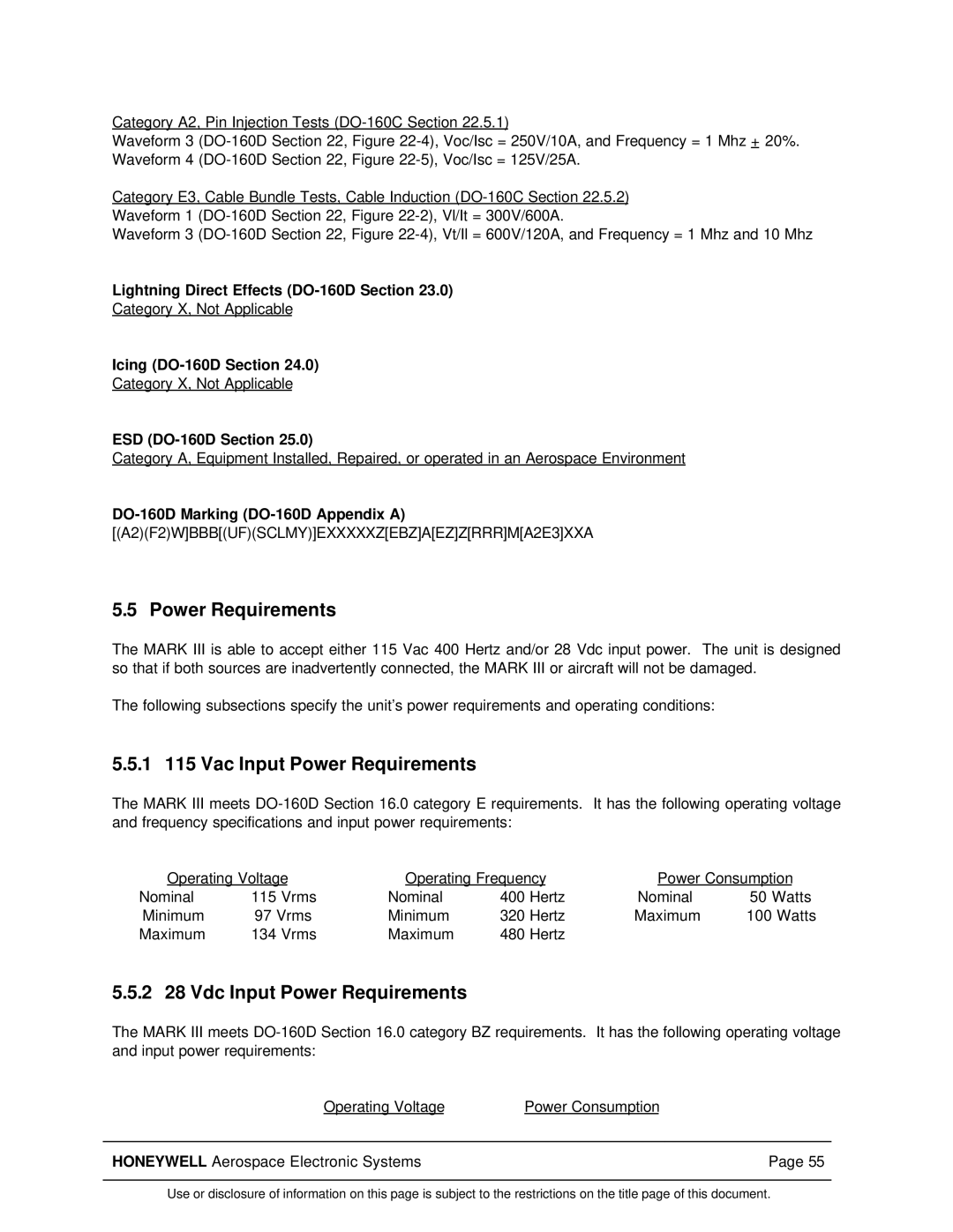 Honeywell Mark III manual 1 115 Vac Input Power Requirements, 2 28 Vdc Input Power Requirements 