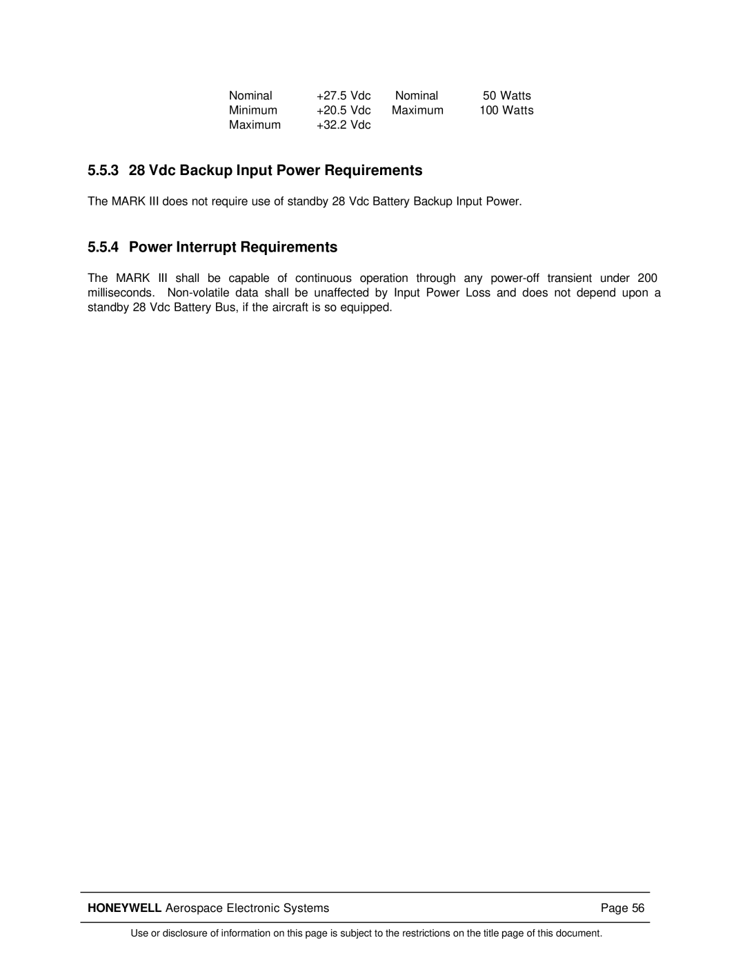 Honeywell Mark III manual 3 28 Vdc Backup Input Power Requirements, Power Interrupt Requirements 