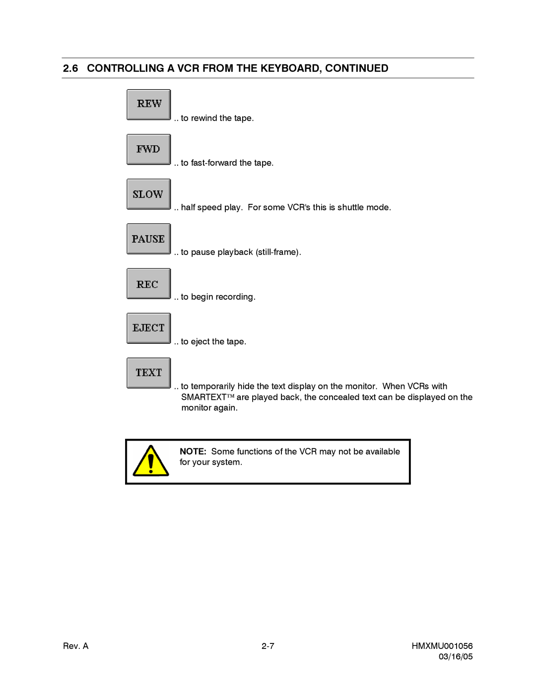 Honeywell MAXPRO-NET manual Controlling a VCR from the Keyboard 