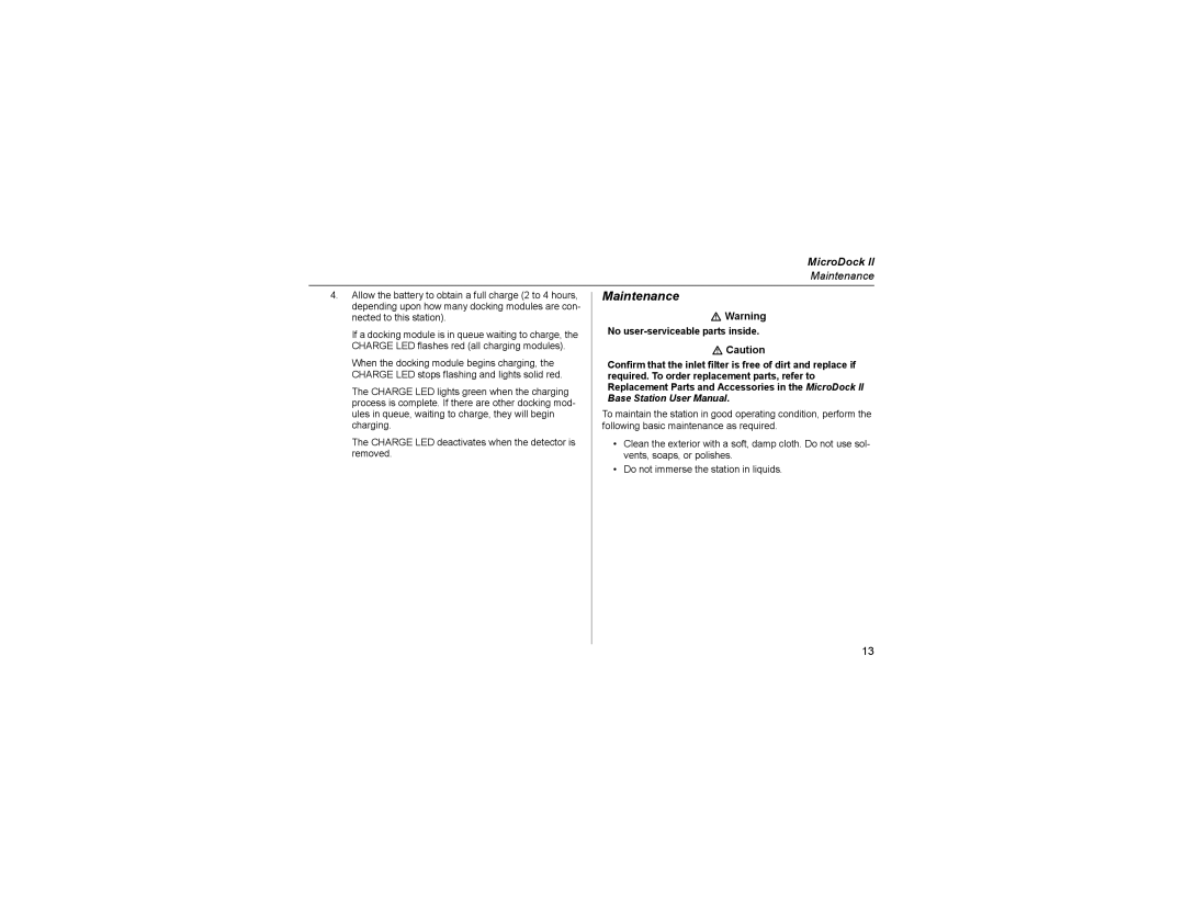 Honeywell MicroDock II manual Maintenance, No user-serviceable parts inside, Required. To order replacement parts, refer to 