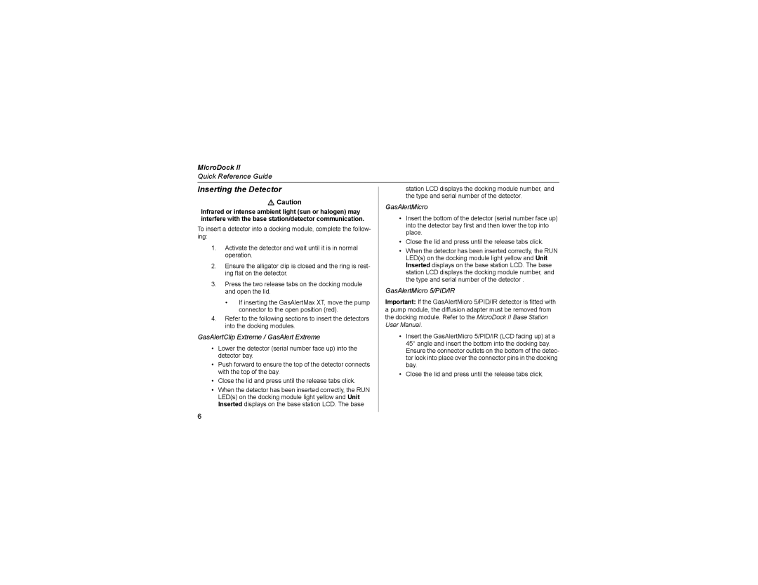 Honeywell MicroDock II manual Inserting the Detector, Infrared or intense ambient light sun or halogen may 