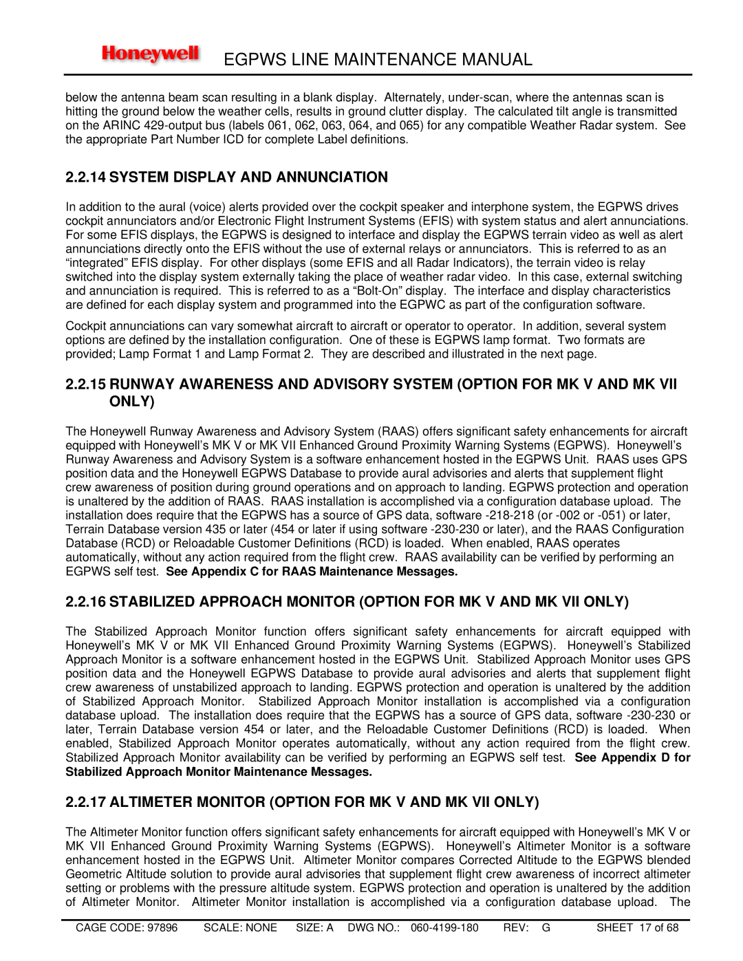 Honeywell MK XXII, MK VIII System Display and Annunciation, Stabilized Approach Monitor Option for MK V and MK VII only 