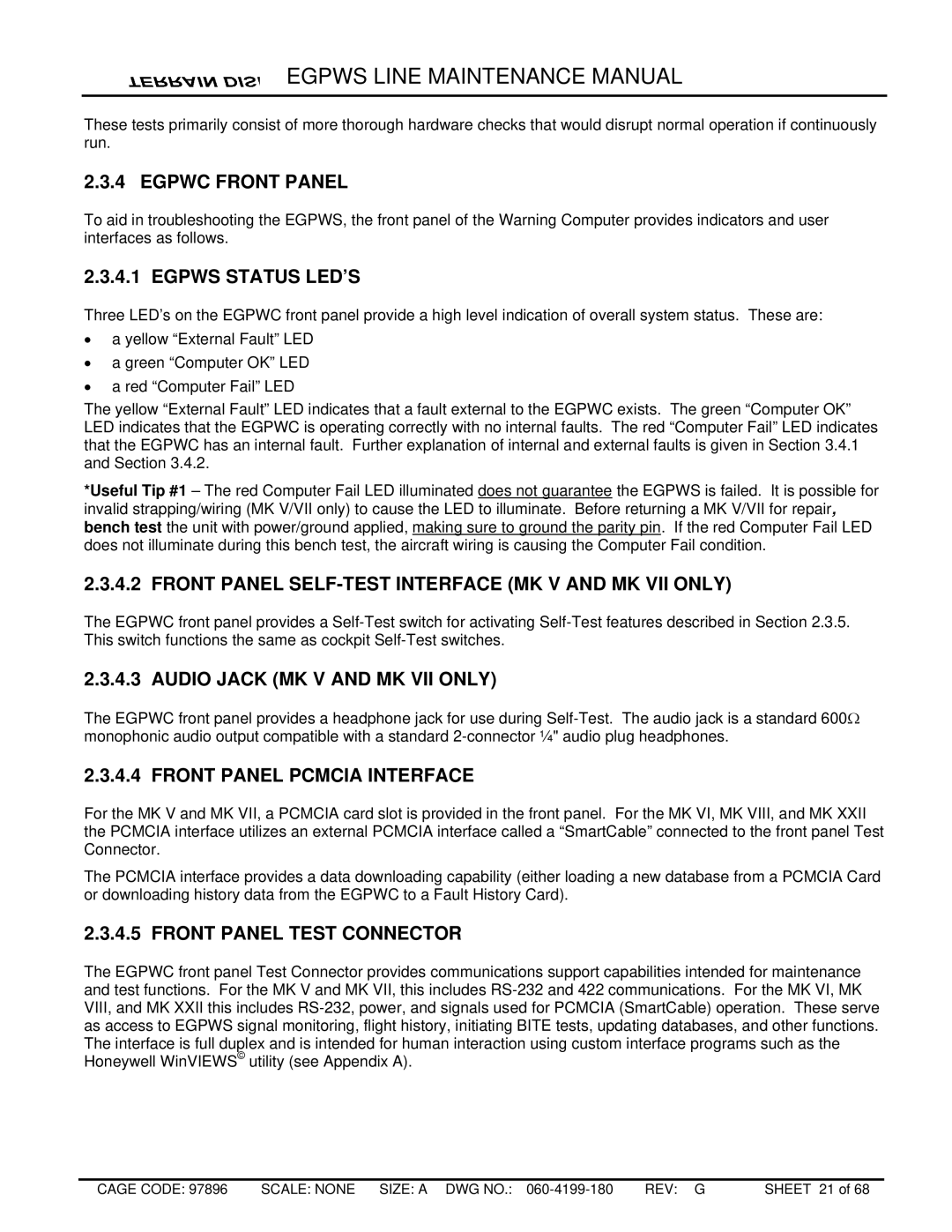 Honeywell MK VIII, MK XXII Egpwc Front Panel, Egpws Status LED’S, Front Panel SELF-TEST Interface MK V and MK VII only 