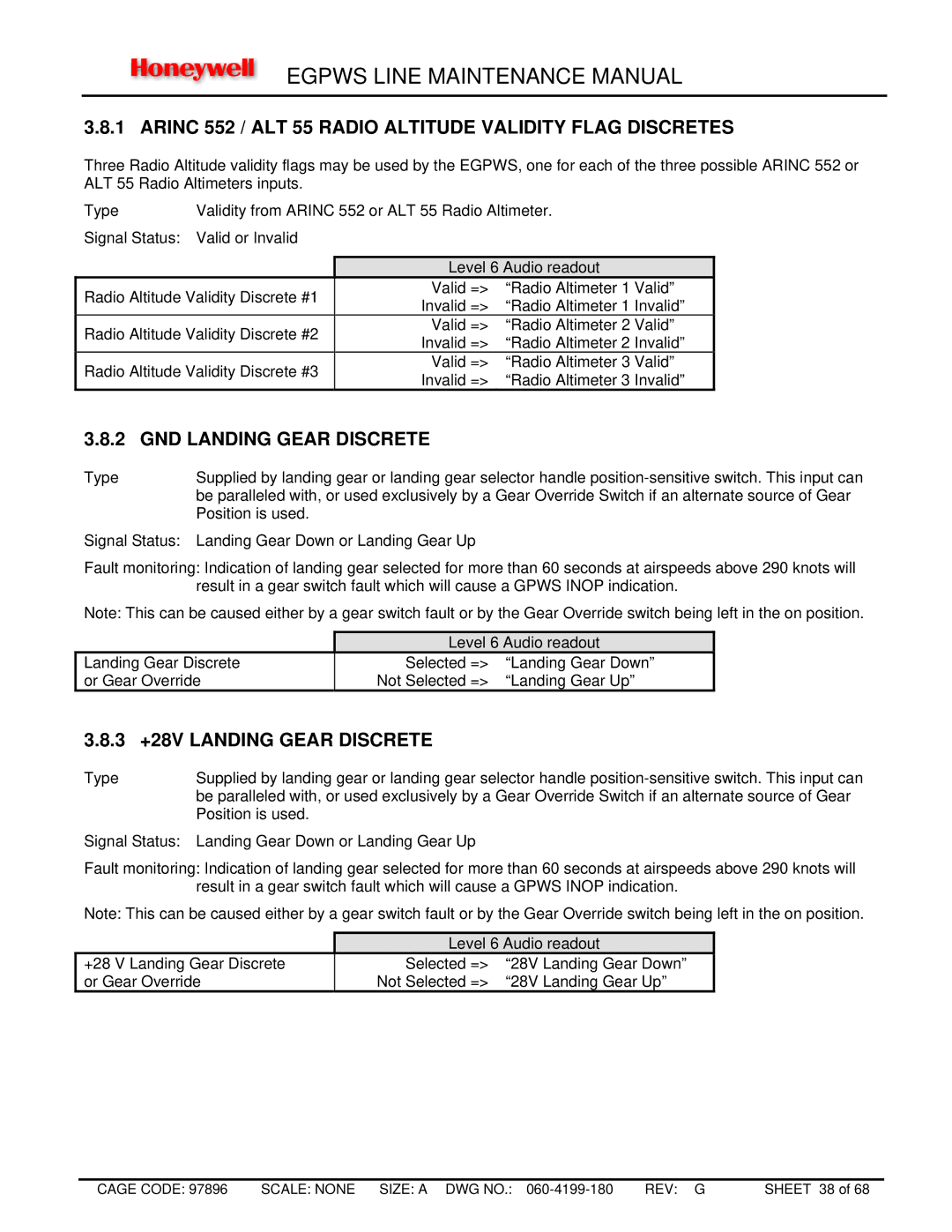 Honeywell MK VIII, MK XXII manual Arinc 552 / ALT 55 Radio Altitude Validity Flag Discretes, GND Landing Gear Discrete 