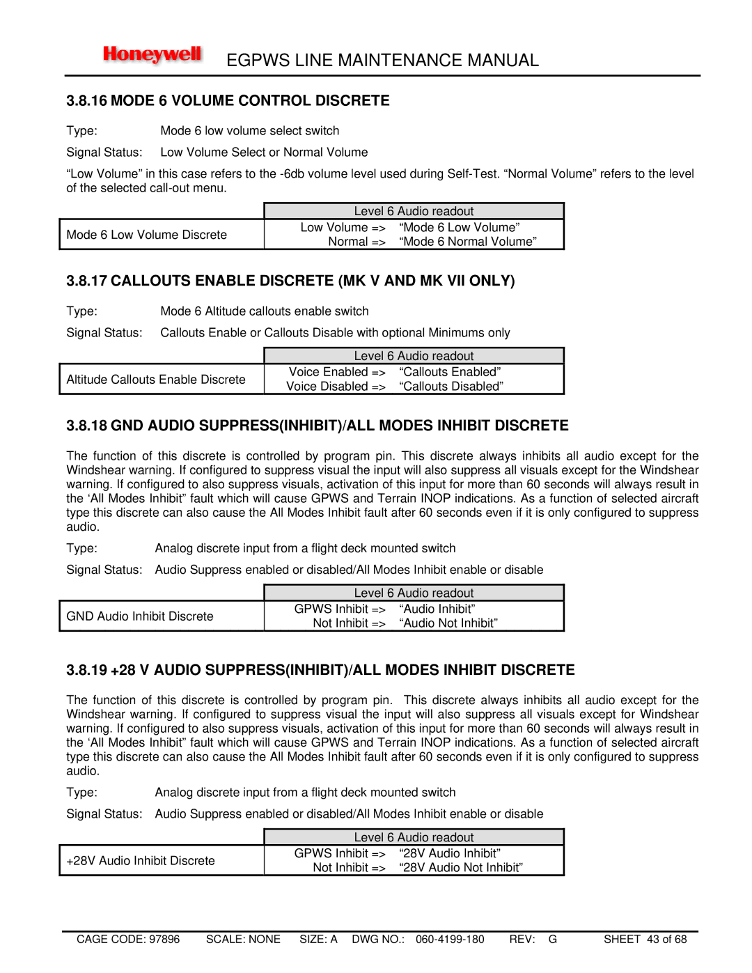 Honeywell MK VIII, MK XXII manual Mode 6 Volume Control Discrete, Callouts Enable Discrete MK V and MK VII only 