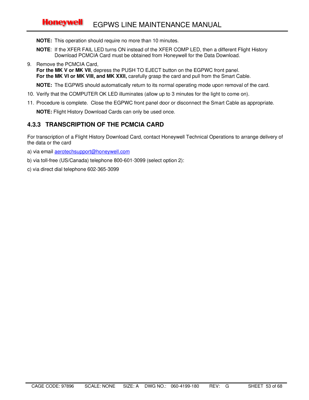 Honeywell MK VIII, MK XXII manual Transcription of the Pcmcia Card, Via email aerotechsupport@honeywell.com 