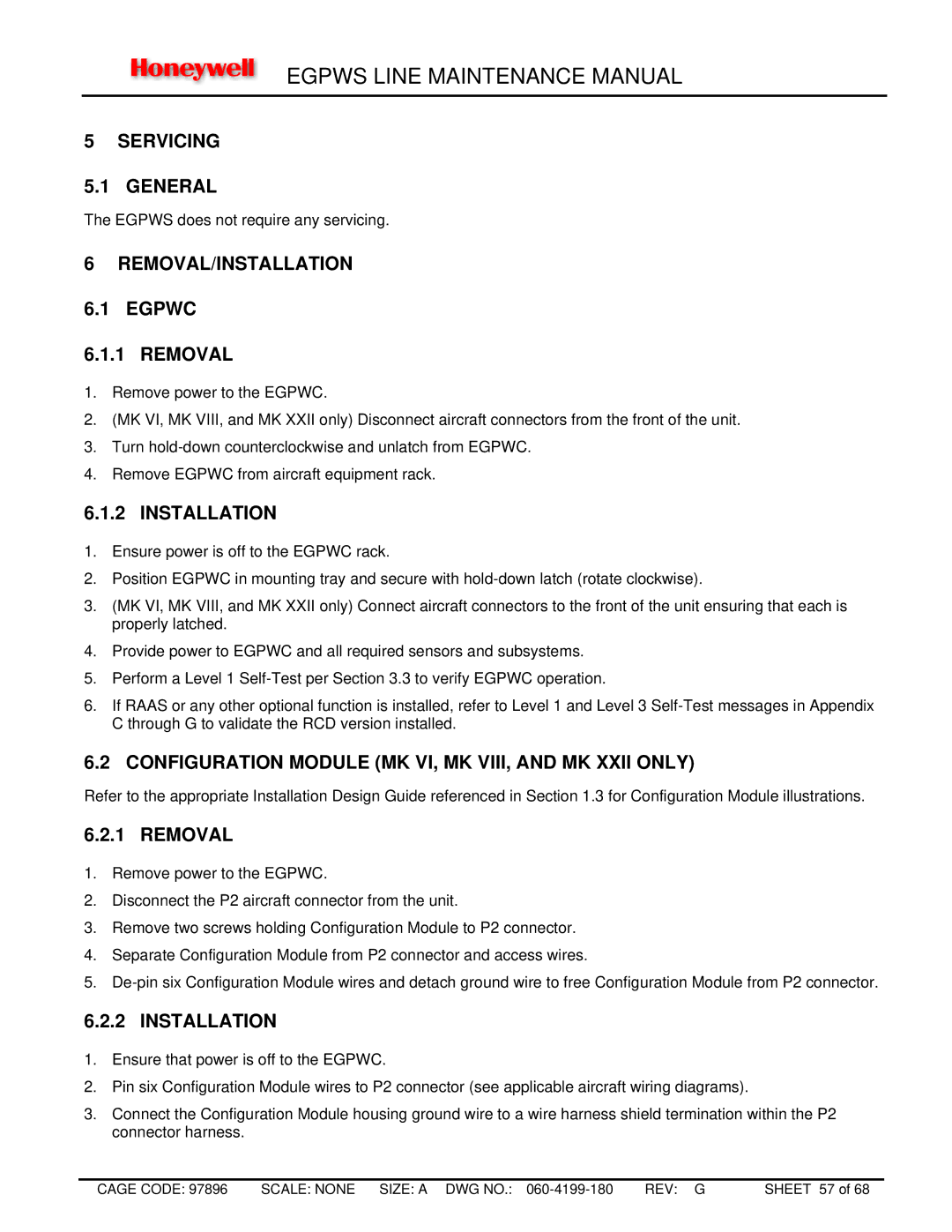 Honeywell MK XXII, MK VIII manual Servicing General, REMOVAL/INSTALLATION 6.1 Egpwc Removal, Installation 